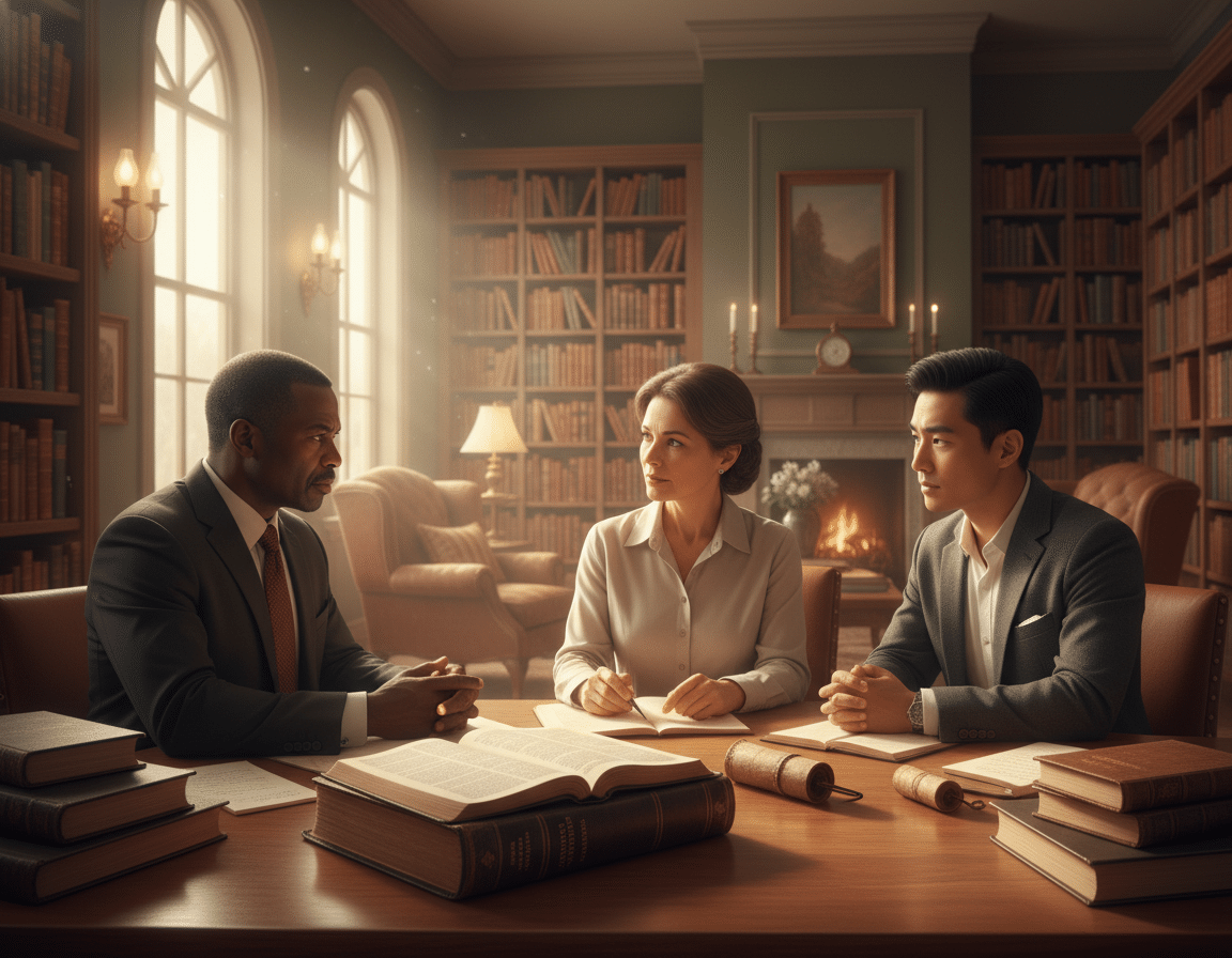 A serene library setting with an open Bible on a wooden table, surrounded by soft natural light filtering through large windows. In the foreground, a diverse group of three individuals—two men and one woman—dressed in professional business attire, are engaged in a thoughtful discussion. Their expressions reflect curiosity and contemplation about the Ten Commandments. In the middle ground, stacks of books about religious history line the shelves, symbolizing a wealth of knowledge awaiting discovery. In the background, a warm atmosphere is created by subtle earth tones and the glow of gentle lighting. This image conveys a mood of reflection and understanding, inviting viewers to explore the topic of misconceptions surrounding divine law. A serene library setting with an open Bible on a wooden table, surrounded by soft natural light filtering through large windows. In the foreground, a diverse group of three individuals—two men and one woman—dressed in professional business attire, are engaged in a thoughtful discussion. Their expressions reflect curiosity and contemplation about the Ten Commandments. In the middle ground, stacks of books about religious history line the shelves, symbolizing a wealth of knowledge awaiting discovery. In the background, a warm atmosphere is created by subtle earth tones and the glow of gentle lighting. This image conveys a mood of reflection and understanding, inviting viewers to explore the topic of misconceptions surrounding divine law.