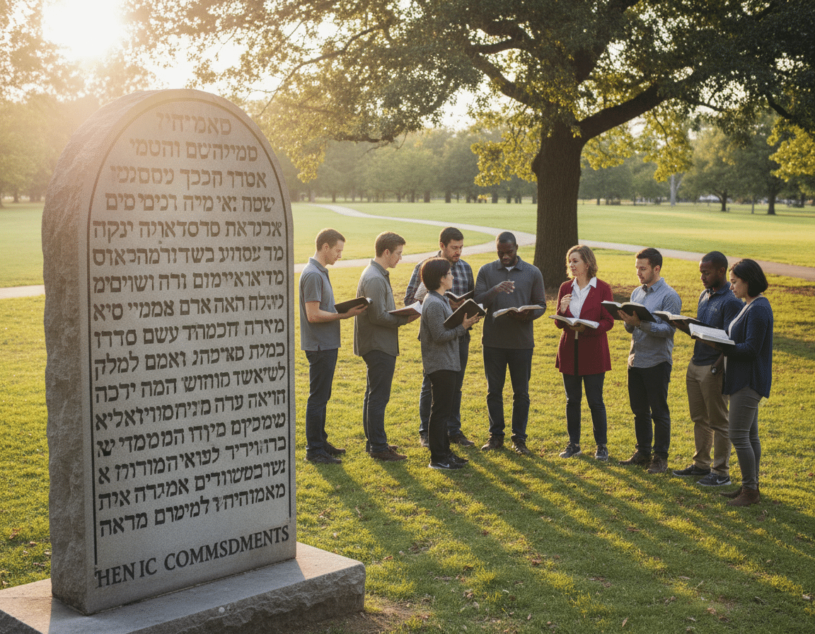 A serene outdoor public space, featuring a large stone tablet inscribed with the Ten Commandments, standing as the focal point in the foreground. In the middle ground, a diverse group of people—men and women of various ages and ethnicities—are engaging in thoughtful discussion, some with open Bibles in hand, embodying warmth and community. The background reveals a peaceful park scene, with trees and soft grass, bathed in natural light that creates a calm and inviting atmosphere. A gentle lens flare highlights the tablet, emphasizing its importance. The mood is reflective, suggesting the relevance of these commandments in modern American life and public ethics, inspiring a sense of faith and moral introspection. A serene outdoor public space, featuring a large stone tablet inscribed with the Ten Commandments, standing as the focal point in the foreground. In the middle ground, a diverse group of people—men and women of various ages and ethnicities—are engaging in thoughtful discussion, some with open Bibles in hand, embodying warmth and community. The background reveals a peaceful park scene, with trees and soft grass, bathed in natural light that creates a calm and inviting atmosphere. A gentle lens flare highlights the tablet, emphasizing its importance. The mood is reflective, suggesting the relevance of these commandments in modern American life and public ethics, inspiring a sense of faith and moral introspection.