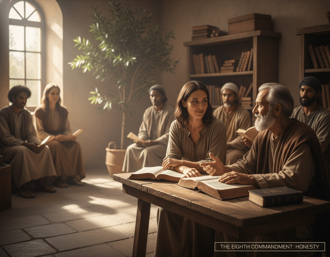 A serene scene depicting a diverse group of individuals engaged in a reflective discussion about the Eighth Commandment, emphasizing honesty. In the foreground, two people, one older and one younger, are sitting at a wooden table with open Bibles, their expressions conveying warmth and understanding. The middle ground features a softly lit room with gentle natural light streaming through a window, casting calm shadows. In the background, shelves filled with books and a potted plant enhance the peaceful atmosphere. The overall mood is one of contemplation and togetherness, inviting viewers to reflect on the teachings of honesty in their lives. The image should be composed with a slight depth of field to draw focus to the individuals while maintaining a cozy, spiritual environment. A serene scene depicting a diverse group of individuals engaged in a reflective discussion about the Eighth Commandment, emphasizing honesty. In the foreground, two people, one older and one younger, are sitting at a wooden table with open Bibles, their expressions conveying warmth and understanding. The middle ground features a softly lit room with gentle natural light streaming through a window, casting calm shadows. In the background, shelves filled with books and a potted plant enhance the peaceful atmosphere. The overall mood is one of contemplation and togetherness, inviting viewers to reflect on the teachings of honesty in their lives. The image should be composed with a slight depth of field to draw focus to the individuals while maintaining a cozy, spiritual environment.