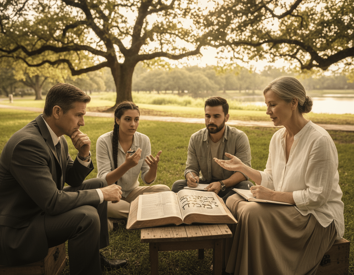 A serene scene depicting a group of diverse individuals engaged in a thoughtful discussion around an open Bible, illustrating the essence of Exodus 20:13. In the foreground, a mature woman in modest casual attire is gently pointing to the scripture, her expression warm and inviting. Beside her, a man in a professional business suit listens intently, reflecting deep contemplation. In the middle ground, two young adults, a man and a woman, are seated on the grass, taking notes and sharing insights, their relaxed posture conveying a sense of community and respect. The background features a tranquil park setting with soft natural lighting filtering through trees, creating a peaceful atmosphere. The overall mood is reflective and harmonious, emphasizing the importance of life and respect inherent in the commandment. A serene scene depicting a group of diverse individuals engaged in a thoughtful discussion around an open Bible, illustrating the essence of Exodus 20:13. In the foreground, a mature woman in modest casual attire is gently pointing to the scripture, her expression warm and inviting. Beside her, a man in a professional business suit listens intently, reflecting deep contemplation. In the middle ground, two young adults, a man and a woman, are seated on the grass, taking notes and sharing insights, their relaxed posture conveying a sense of community and respect. The background features a tranquil park setting with soft natural lighting filtering through trees, creating a peaceful atmosphere. The overall mood is reflective and harmonious, emphasizing the importance of life and respect inherent in the commandment.