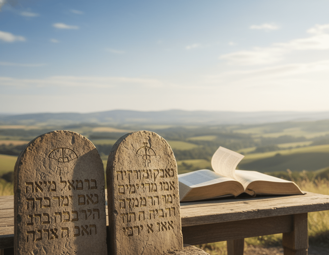 A serene scene depicting the Ten Commandments on two stone tablets, prominently placed in the foreground. The tablets, engraved with ancient Hebrew script, should be illuminated by soft, natural light that creates a warm and inviting atmosphere. In the middle ground, an open Bible rests on a wooden table, its pages slightly fluttering as if a gentle breeze is present, symbolizing divine inspiration. In the background, a tranquil landscape with rolling hills and a clear blue sky enhances the sense of peace. The composition should be shot from a slightly elevated angle, capturing the depth of the scene while evoking feelings of reverence and contemplation. The overall mood is calm and reflective, embodying the essence of faith and the significance of God’s law. A serene scene depicting the Ten Commandments on two stone tablets, prominently placed in the foreground. The tablets, engraved with ancient Hebrew script, should be illuminated by soft, natural light that creates a warm and inviting atmosphere. In the middle ground, an open Bible rests on a wooden table, its pages slightly fluttering as if a gentle breeze is present, symbolizing divine inspiration. In the background, a tranquil landscape with rolling hills and a clear blue sky enhances the sense of peace. The composition should be shot from a slightly elevated angle, capturing the depth of the scene while evoking feelings of reverence and contemplation. The overall mood is calm and reflective, embodying the essence of faith and the significance of God’s law.