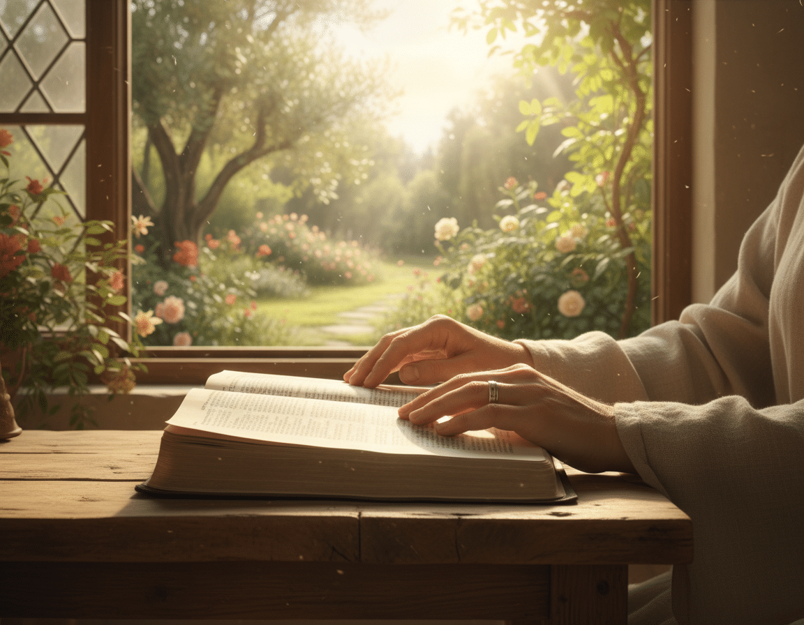 A serene scene depicting the concept of "truth" in a peaceful setting. In the foreground, an open Bible rests on a rustic wooden table, its pages gently turned, bathed in soft, natural light. In the middle ground, a warm and inviting atmosphere is created with a pair of hands, wearing modest, professional attire, gracefully tracing the lines of scripture, symbolizing the pursuit of truth. In the background, sunlight filters through a window, illuminating a lush garden, representing growth and enlightenment. The overall mood is one of calmness and faith, encouraging reflection and understanding, with soft earth tones enhancing the sense of tranquility. The composition emphasizes light and warmth, evoking a sense of introspection and clarity. A serene scene depicting the concept of "truth" in a peaceful setting. In the foreground, an open Bible rests on a rustic wooden table, its pages gently turned, bathed in soft, natural light. In the middle ground, a warm and inviting atmosphere is created with a pair of hands, wearing modest, professional attire, gracefully tracing the lines of scripture, symbolizing the pursuit of truth. In the background, sunlight filters through a window, illuminating a lush garden, representing growth and enlightenment. The overall mood is one of calmness and faith, encouraging reflection and understanding, with soft earth tones enhancing the sense of tranquility. The composition emphasizes light and warmth, evoking a sense of introspection and clarity.