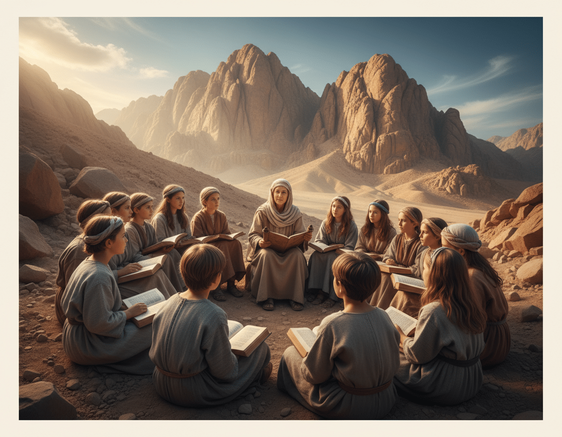 A serene scene on the slopes of Mount Sinai, capturing a diverse group of children, aged 6 to 12, gathered in a circle, attentively listening to a knowledgeable adult storyteller. The foreground features the children's eager expressions, wearing casual but modest clothing, with open Bibles resting on their laps. In the middle ground, majestic rocky cliffs rise, basking in the warm glow of natural sunlight filtering through soft clouds. The background displays a clear blue sky, enhancing the peacefulness of the scene. The atmosphere is one of warmth and faith, inviting viewers into a moment of learning rooted in biblical history. The angle is slightly elevated to capture both the children and the breathtaking landscape, creating a sense of connection between the learners and the grandeur of their surroundings. A serene scene on the slopes of Mount Sinai, capturing a diverse group of children, aged 6 to 12, gathered in a circle, attentively listening to a knowledgeable adult storyteller. The foreground features the children's eager expressions, wearing casual but modest clothing, with open Bibles resting on their laps. In the middle ground, majestic rocky cliffs rise, basking in the warm glow of natural sunlight filtering through soft clouds. The background displays a clear blue sky, enhancing the peacefulness of the scene. The atmosphere is one of warmth and faith, inviting viewers into a moment of learning rooted in biblical history. The angle is slightly elevated to capture both the children and the breathtaking landscape, creating a sense of connection between the learners and the grandeur of their surroundings.