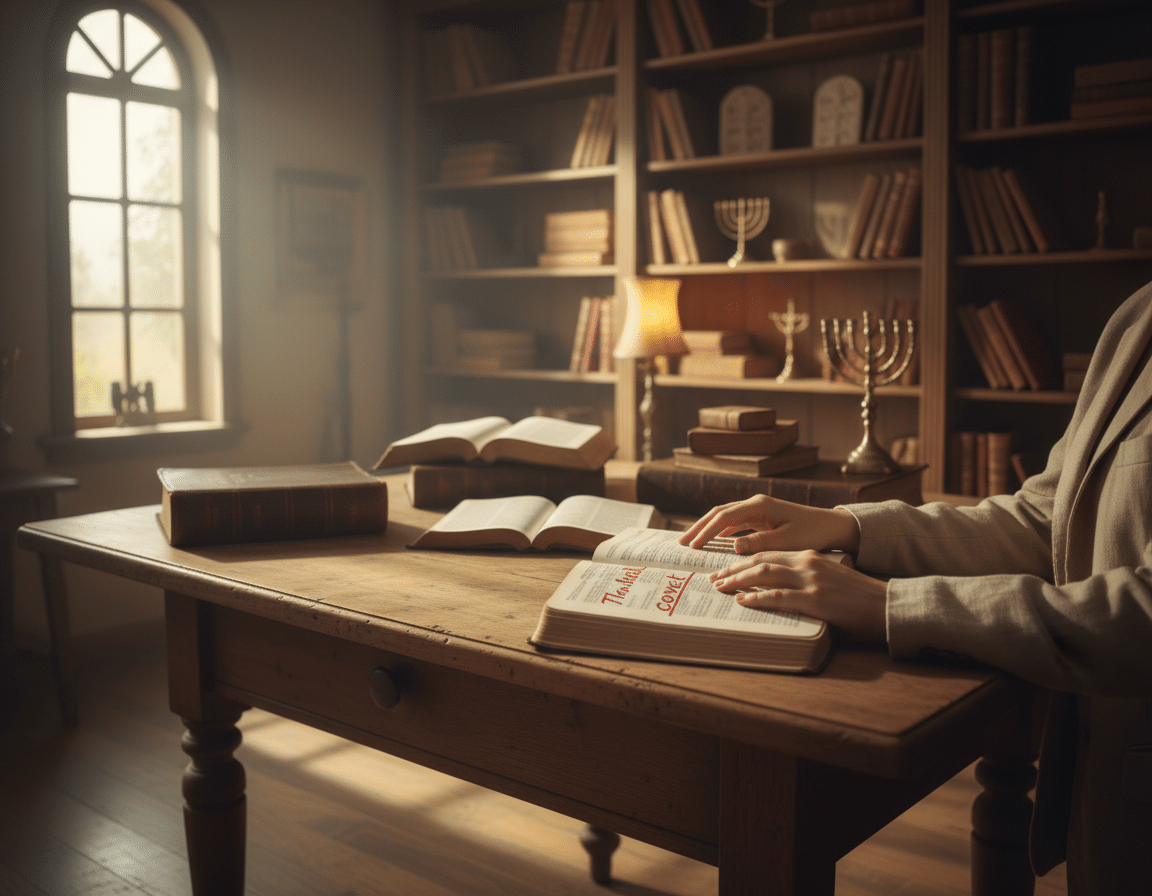 A serene setting inside a softly lit study, with natural light streaming through a window, illuminating a wooden table covered with open Bibles. In the foreground, a pair of hands, dressed in modest business attire, are gently resting on one Bible, symbolizing contemplation and reflection. In the middle, a warm, inviting atmosphere reigns with gentle shadows cast by the light. Behind the table, shelves filled with books and spiritual artifacts create a sense of depth and wisdom. The overall mood is peaceful and introspective, encouraging viewers to ponder the meaning of "shall covet." The color palette features soft, calming tones of beige, brown, and gold, enhancing the sense of tranquility and faith. The composition is well-balanced, inviting contemplation without distraction. A serene setting inside a softly lit study, with natural light streaming through a window, illuminating a wooden table covered with open Bibles. In the foreground, a pair of hands, dressed in modest business attire, are gently resting on one Bible, symbolizing contemplation and reflection. In the middle, a warm, inviting atmosphere reigns with gentle shadows cast by the light. Behind the table, shelves filled with books and spiritual artifacts create a sense of depth and wisdom. The overall mood is peaceful and introspective, encouraging viewers to ponder the meaning of "shall covet." The color palette features soft, calming tones of beige, brown, and gold, enhancing the sense of tranquility and faith. The composition is well-balanced, inviting contemplation without distraction.