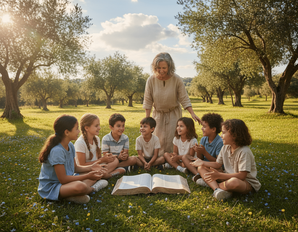 A serene setting that embodies the essence of love, community, and faith. In the foreground, a diverse group of children engaged in a joyful discussion around an open Bible, their expressions reflecting curiosity and warmth. A gentle parent figure, dressed in modest casual attire, stands nearby, guiding the conversation with a loving demeanor. In the middle ground, a lush green park with gentle sunlight filtering through the branches of trees creates a peaceful atmosphere. The background features a soft blue sky dotted with fluffy clouds, symbolizing hope and serenity. The lighting is natural, casting a warm glow over the scene, evoking feelings of tranquility and connection. The overall mood conveys a sense of purpose and understanding, highlighting the importance of teaching love for God and others. A serene setting that embodies the essence of love, community, and faith. In the foreground, a diverse group of children engaged in a joyful discussion around an open Bible, their expressions reflecting curiosity and warmth. A gentle parent figure, dressed in modest casual attire, stands nearby, guiding the conversation with a loving demeanor. In the middle ground, a lush green park with gentle sunlight filtering through the branches of trees creates a peaceful atmosphere. The background features a soft blue sky dotted with fluffy clouds, symbolizing hope and serenity. The lighting is natural, casting a warm glow over the scene, evoking feelings of tranquility and connection. The overall mood conveys a sense of purpose and understanding, highlighting the importance of teaching love for God and others.