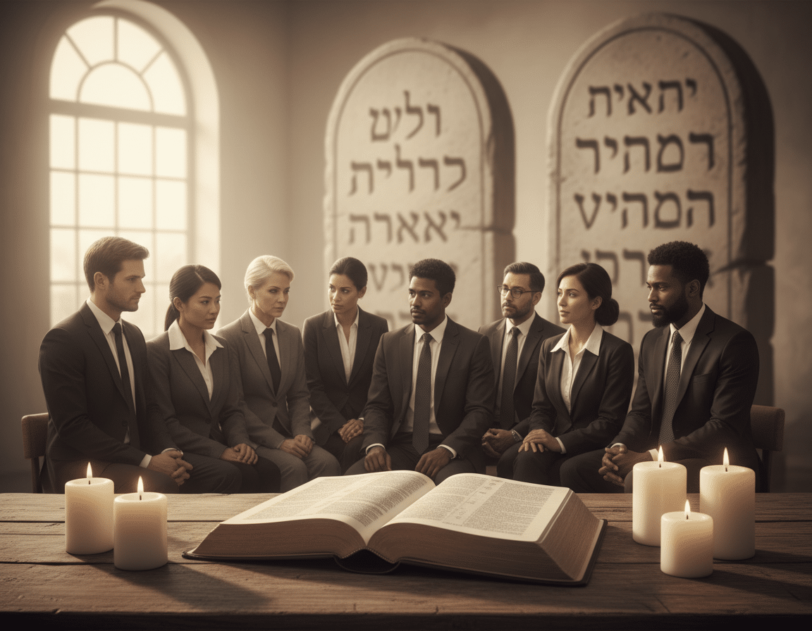 A serene, warm-toned scene depicting the essence of the Ten Commandments as a historical and moral foundation. In the foreground, an open Bible rests on a rustic wooden table, its pages gently illuminated by natural light streaming through a nearby window. Surrounding the Bible, soft candles flicker, casting a calm glow. In the middle ground, a diverse group of individuals in professional attire—men and women of different ethnicities—are engaged in thoughtful discussion, their expressions reflecting contemplation and understanding. In the background, a softly blurred image of ancient stone tablets carved with the commandments emphasizes their significance. The overall atmosphere exudes peace, reflection, and warmth, inviting viewers to appreciate the timeless relevance of the teachings. A serene, warm-toned scene depicting the essence of the Ten Commandments as a historical and moral foundation. In the foreground, an open Bible rests on a rustic wooden table, its pages gently illuminated by natural light streaming through a nearby window. Surrounding the Bible, soft candles flicker, casting a calm glow. In the middle ground, a diverse group of individuals in professional attire—men and women of different ethnicities—are engaged in thoughtful discussion, their expressions reflecting contemplation and understanding. In the background, a softly blurred image of ancient stone tablets carved with the commandments emphasizes their significance. The overall atmosphere exudes peace, reflection, and warmth, inviting viewers to appreciate the timeless relevance of the teachings.