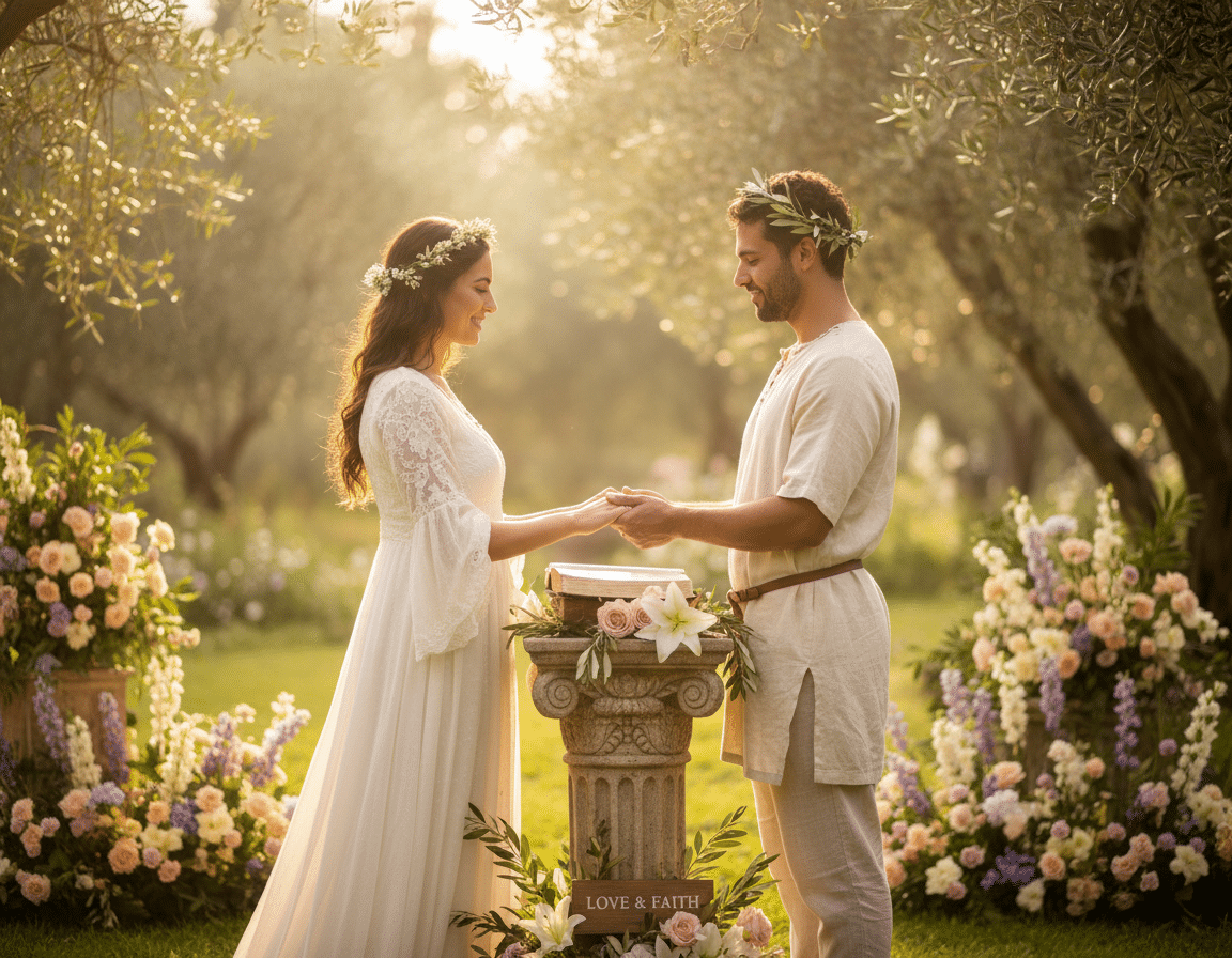 A serene wedding scene set in a sunlit garden, symbolizing the essence of marriage and faith. In the foreground, a diverse couple, dressed in elegant wedding attire, stand hand in hand, radiating joy and commitment. The middle ground features an open Bible adorned with flowers, symbolizing the divine aspect of their union. In the background, soft-focus lush greenery and gentle pastel floral arrangements create a peaceful atmosphere. Natural light filters through the trees, casting a warm glow on the couple and the Bible, conveying a sense of harmony and devotion. The composition captures a mood of love and tranquility, emphasizing the importance of faith in marriage. A serene wedding scene set in a sunlit garden, symbolizing the essence of marriage and faith. In the foreground, a diverse couple, dressed in elegant wedding attire, stand hand in hand, radiating joy and commitment. The middle ground features an open Bible adorned with flowers, symbolizing the divine aspect of their union. In the background, soft-focus lush greenery and gentle pastel floral arrangements create a peaceful atmosphere. Natural light filters through the trees, casting a warm glow on the couple and the Bible, conveying a sense of harmony and devotion. The composition captures a mood of love and tranquility, emphasizing the importance of faith in marriage.