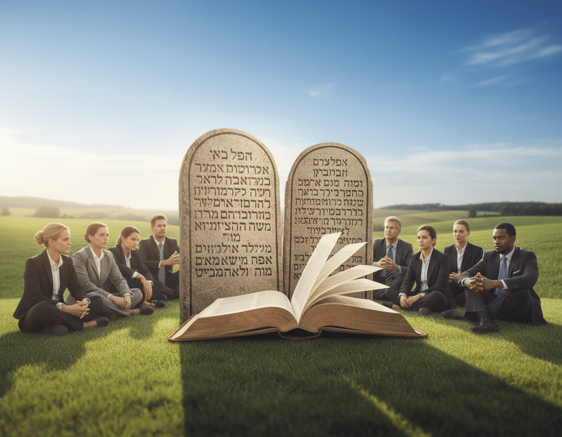 An artistic representation of the Ten Commandments depicted on stone tablets, prominently placed in the foreground, surrounded by an open Bible with pages gently fluttering in a soft breeze. In the middle ground, diverse individuals dressed in professional business attire sit in thoughtful contemplation, embodying a sense of reflection and earnestness. The background features a serene landscape of rolling hills under a bright blue sky, with warm sunlight illuminating the scene, creating an inviting and peaceful atmosphere. The mood should convey a sense of timeless wisdom and relevance, encouraging viewers to reflect on the enduring significance of the commandments in modern life. Use natural light to enhance the warmth and calm tones of the image, ensuring a harmonious balance throughout. An artistic representation of the Ten Commandments depicted on stone tablets, prominently placed in the foreground, surrounded by an open Bible with pages gently fluttering in a soft breeze. In the middle ground, diverse individuals dressed in professional business attire sit in thoughtful contemplation, embodying a sense of reflection and earnestness. The background features a serene landscape of rolling hills under a bright blue sky, with warm sunlight illuminating the scene, creating an inviting and peaceful atmosphere. The mood should convey a sense of timeless wisdom and relevance, encouraging viewers to reflect on the enduring significance of the commandments in modern life. Use natural light to enhance the warmth and calm tones of the image, ensuring a harmonious balance throughout.