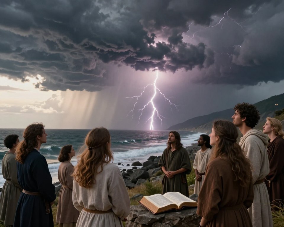 A dramatic biblical storm scene unfolds in the foreground, showcasing towering dark clouds swirling ominously with flashes of lightning illuminating a rugged coastline. In the middle ground, a small group of diverse people dressed in modest, professional clothing stand near an open Bible, their faces reflecting a mix of awe and contemplation as they observe the powerful storm. The background features distant mountains under a brooding sky, enhancing the tension while rays of soft, natural light pierce through the tempest. The atmosphere is both reverent and intense, emphasizing themes of faith and understanding amidst turmoil. The mood invites reflection on the lessons these biblical storms impart, creating a captivating visual narrative. A dramatic biblical storm scene unfolds in the foreground, showcasing towering dark clouds swirling ominously with flashes of lightning illuminating a rugged coastline. In the middle ground, a small group of diverse people dressed in modest, professional clothing stand near an open Bible, their faces reflecting a mix of awe and contemplation as they observe the powerful storm. The background features distant mountains under a brooding sky, enhancing the tension while rays of soft, natural light pierce through the tempest. The atmosphere is both reverent and intense, emphasizing themes of faith and understanding amidst turmoil. The mood invites reflection on the lessons these biblical storms impart, creating a captivating visual narrative.
