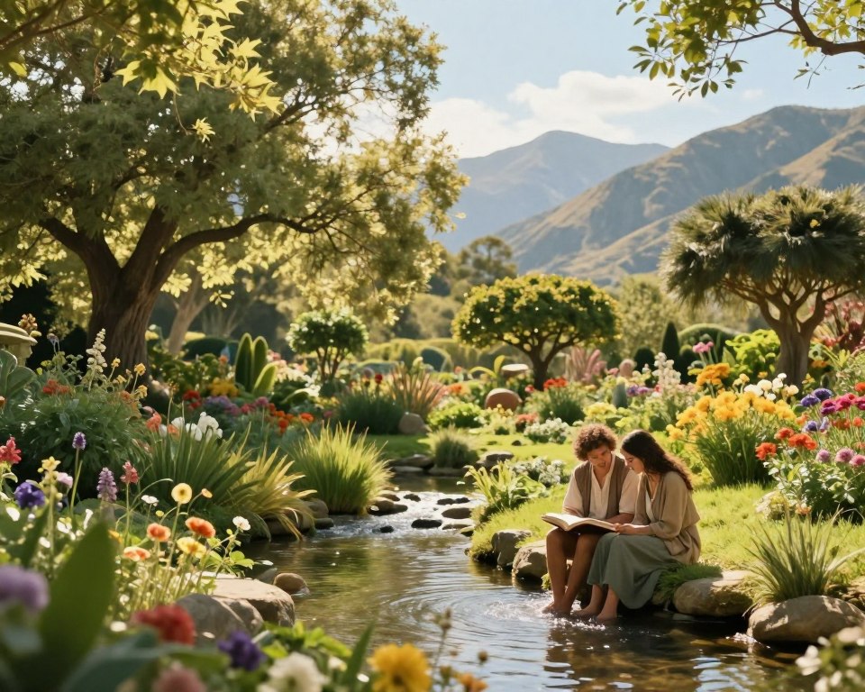 A lush, vibrant Garden of Eden bathed in natural light, embodying the essence of creation. In the foreground, there are diverse plants and flowers in rich colors, with a gentle stream reflecting sunlight. A couple, dressed in modest casual clothing, sits on a stone by the water, deeply engaged in an open Bible, symbolizing wisdom and faith. The middle ground features majestic trees, their leaves shimmering in a soft breeze, while the background rises into peaceful, soft-shouldered mountains under a serene blue sky. The atmosphere is one of tranquility and harmony, evoking a sense of divine peace that aligns with foundational beliefs in creation. The composition is balanced, with a warm, inviting glow enhancing the overall peaceful mood. A lush, vibrant Garden of Eden bathed in natural light, embodying the essence of creation. In the foreground, there are diverse plants and flowers in rich colors, with a gentle stream reflecting sunlight. A couple, dressed in modest casual clothing, sits on a stone by the water, deeply engaged in an open Bible, symbolizing wisdom and faith. The middle ground features majestic trees, their leaves shimmering in a soft breeze, while the background rises into peaceful, soft-shouldered mountains under a serene blue sky. The atmosphere is one of tranquility and harmony, evoking a sense of divine peace that aligns with foundational beliefs in creation. The composition is balanced, with a warm, inviting glow enhancing the overall peaceful mood.
