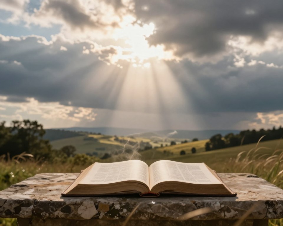 A majestic scene depicting divine command over weather, showcasing a sweeping view of a vibrant, cloudy sky illuminated by soft, natural light. In the foreground, an open Bible rests on a weathered stone altar, its pages fluttering gently in the breeze. Ethereal beams of sunlight break through the clouds, casting a warm glow and illuminating the altar. In the middle ground, a serene landscape displays rolling hills and trees gently swaying, hinting at the divine influence. The background features dark, swirling storm clouds interspersed with heavenly light, symbolizing power and grace. The mood is calm yet awe-inspiring, conveying a sense of divine presence and peace, capturing the harmony between faith and nature. A majestic scene depicting divine command over weather, showcasing a sweeping view of a vibrant, cloudy sky illuminated by soft, natural light. In the foreground, an open Bible rests on a weathered stone altar, its pages fluttering gently in the breeze. Ethereal beams of sunlight break through the clouds, casting a warm glow and illuminating the altar. In the middle ground, a serene landscape displays rolling hills and trees gently swaying, hinting at the divine influence. The background features dark, swirling storm clouds interspersed with heavenly light, symbolizing power and grace. The mood is calm yet awe-inspiring, conveying a sense of divine presence and peace, capturing the harmony between faith and nature.