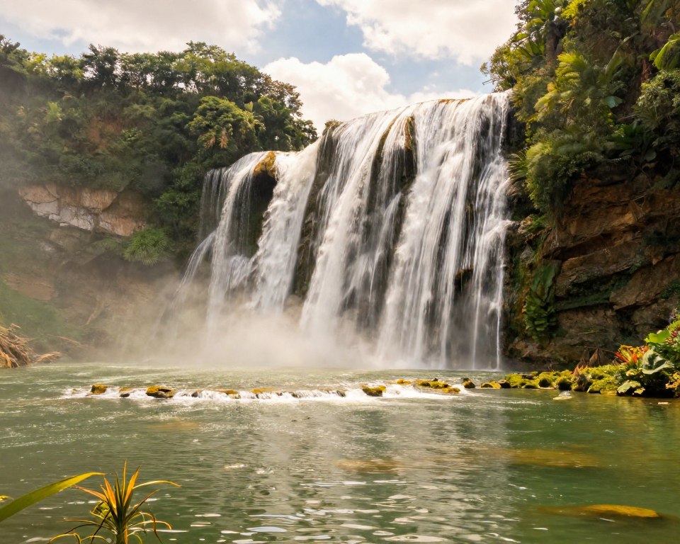 A majestic waterfall cascades down a rocky cliff, surrounded by lush greenery, reflecting the power and beauty of nature as described in Psalm 42:7. In the foreground, a clear pool of water catches soft sunlight, shimmering gently. The middle ground features the waterfall, flowing majestically with white frothy streams, framed by vibrant flora. In the background, a blue sky peeks through gentle clouds, enhancing the serene atmosphere. Natural light illuminates the scene, creating a warm and peaceful mood. The composition is wide-angle to capture the grand scale of the waterfall and its surroundings, emphasizing the divine beauty and tranquility that natural water scenes inspire. A majestic waterfall cascades down a rocky cliff, surrounded by lush greenery, reflecting the power and beauty of nature as described in Psalm 42:7. In the foreground, a clear pool of water catches soft sunlight, shimmering gently. The middle ground features the waterfall, flowing majestically with white frothy streams, framed by vibrant flora. In the background, a blue sky peeks through gentle clouds, enhancing the serene atmosphere. Natural light illuminates the scene, creating a warm and peaceful mood. The composition is wide-angle to capture the grand scale of the waterfall and its surroundings, emphasizing the divine beauty and tranquility that natural water scenes inspire.