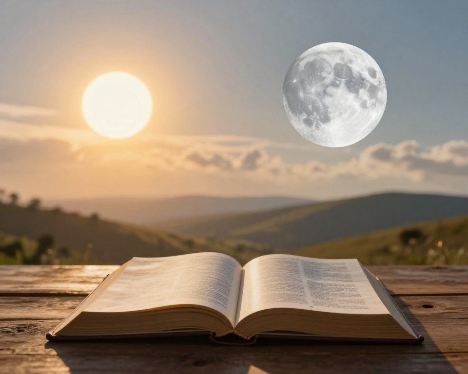 A serene and beautifully composed scene illustrating the creation and symbolism of the sun and moon in a biblical context. In the foreground, an open Bible rests on a rustic wooden table, its pages gently illuminated by soft, natural light. To the left, a radiant sun rises, casting warm golden hues, symbolizing creation and divine presence. To the right, a full moon glows softly in tranquil silvery shades, representing wisdom and reflection. The middle ground features delicate clouds, merging the sun and moon in a harmonious dance. In the background, a peaceful landscape unfolds, with gentle hills bathed in the light of dawn, evoking a calm and spiritual atmosphere filled with warmth and faith. The overall mood is contemplative and uplifting, inviting viewers to reflect on the beauty of creation. A serene and beautifully composed scene illustrating the creation and symbolism of the sun and moon in a biblical context. In the foreground, an open Bible rests on a rustic wooden table, its pages gently illuminated by soft, natural light. To the left, a radiant sun rises, casting warm golden hues, symbolizing creation and divine presence. To the right, a full moon glows softly in tranquil silvery shades, representing wisdom and reflection. The middle ground features delicate clouds, merging the sun and moon in a harmonious dance. In the background, a peaceful landscape unfolds, with gentle hills bathed in the light of dawn, evoking a calm and spiritual atmosphere filled with warmth and faith. The overall mood is contemplative and uplifting, inviting viewers to reflect on the beauty of creation.