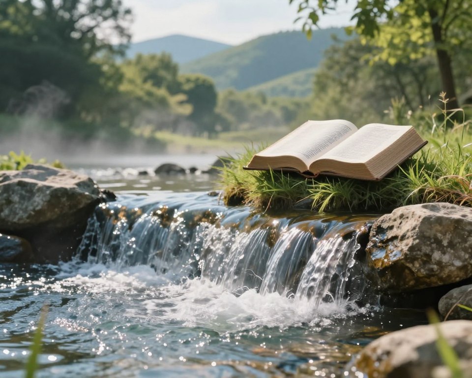 A serene and captivating scene depicting the scriptural symbolism of water and waterfalls, set in a tranquil natural setting. In the foreground, a gentle waterfall cascades over smooth stones, illuminating the water's crystal clarity under soft, natural sunlight. Mist rises from the flowing water, creating a sense of peace and serenity. In the middle ground, an open Bible rests on a grassy patch, its pages slightly fluttering in the breeze, symbolizing faith and wisdom. The background features lush green trees and rolling hills, bathed in calming tones of blue and green, enhancing the overall harmony of the scene. The atmosphere is one of reverence and tranquility, inviting contemplation and reflection on the powerful beauty of water as a scriptural symbol. A serene and captivating scene depicting the scriptural symbolism of water and waterfalls, set in a tranquil natural setting. In the foreground, a gentle waterfall cascades over smooth stones, illuminating the water's crystal clarity under soft, natural sunlight. Mist rises from the flowing water, creating a sense of peace and serenity. In the middle ground, an open Bible rests on a grassy patch, its pages slightly fluttering in the breeze, symbolizing faith and wisdom. The background features lush green trees and rolling hills, bathed in calming tones of blue and green, enhancing the overall harmony of the scene. The atmosphere is one of reverence and tranquility, inviting contemplation and reflection on the powerful beauty of water as a scriptural symbol.