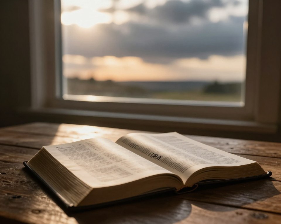 A serene and contemplative scene illustrating "light" and "darkness" as defined in the Bible. In the foreground, an open Bible rests on a rustic wooden table, its pages delicately illuminated by soft, natural sunlight streaming in from a nearby window, casting gentle shadows. In the middle, a warm light softly merges with darker, more shadowed areas, representing the duality of light and darkness. The background showcases a tranquil landscape, where a sunlit horizon meets dark, heavy clouds, symbolizing hope amidst struggle. Use a soft focus lens to create depth while maintaining clarity. The overall mood is peaceful and reflective, inviting the viewer to explore themes of faith and understanding within the interplay of light and darkness. A serene and contemplative scene illustrating "light" and "darkness" as defined in the Bible. In the foreground, an open Bible rests on a rustic wooden table, its pages delicately illuminated by soft, natural sunlight streaming in from a nearby window, casting gentle shadows. In the middle, a warm light softly merges with darker, more shadowed areas, representing the duality of light and darkness. The background showcases a tranquil landscape, where a sunlit horizon meets dark, heavy clouds, symbolizing hope amidst struggle. Use a soft focus lens to create depth while maintaining clarity. The overall mood is peaceful and reflective, inviting the viewer to explore themes of faith and understanding within the interplay of light and darkness.