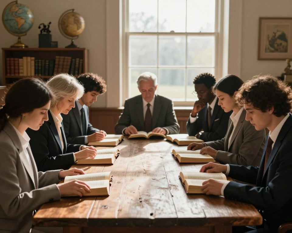 A serene and harmonious representation of "Biblical foundations and divine order." In the foreground, a diverse group of individuals in professional business attire sits around a large, weathered wooden table, deeply engaged in reading open Bibles, their faces reflecting contemplation and warmth. In the middle ground, gentle sunlight filters through a large window, illuminating the pages of the scriptures, casting soft, inviting shadows across the room. In the background, shelves lined with ancient texts and symbolic artifacts, such as a globe representing creation, create a sense of wisdom and history. The overall atmosphere is peaceful and focused, with calming tones of earth and sky, evoking a sense of faith, unity, and divine guidance. A serene and harmonious representation of "Biblical foundations and divine order." In the foreground, a diverse group of individuals in professional business attire sits around a large, weathered wooden table, deeply engaged in reading open Bibles, their faces reflecting contemplation and warmth. In the middle ground, gentle sunlight filters through a large window, illuminating the pages of the scriptures, casting soft, inviting shadows across the room. In the background, shelves lined with ancient texts and symbolic artifacts, such as a globe representing creation, create a sense of wisdom and history. The overall atmosphere is peaceful and focused, with calming tones of earth and sky, evoking a sense of faith, unity, and divine guidance.