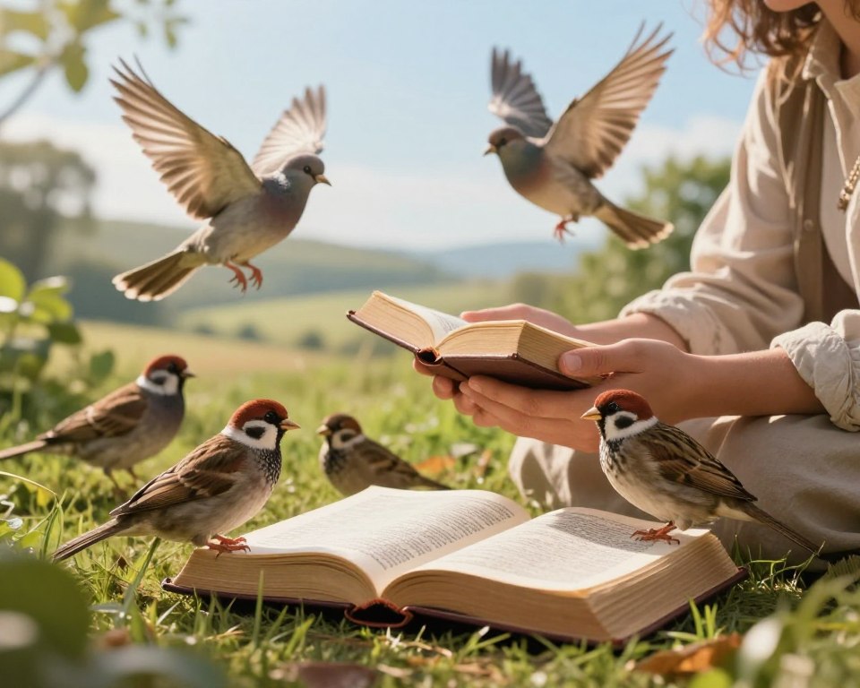 A serene and inspiring scene depicting the creation of birds, with various bird species joyfully taking flight amidst lush greenery. In the foreground, vibrant birds such as doves and sparrows are gently emerging from open Bibles, their feathers glistening in the soft, natural light. In the middle ground, a pair of human hands, dressed in modest casual clothing, cradle a Bible, symbolizing faith and nurturing of life. The background features a calm landscape with gentle hills, trees, and a clear blue sky, evoking tranquility. The overall mood is one of warmth and peace, highlighting the divine inspiration behind the creation of birds, inviting the viewer to reflect on their symbolic significance in Scripture. The scene is illuminated by soft sunlight, creating a gentle, uplifting atmosphere. A serene and inspiring scene depicting the creation of birds, with various bird species joyfully taking flight amidst lush greenery. In the foreground, vibrant birds such as doves and sparrows are gently emerging from open Bibles, their feathers glistening in the soft, natural light. In the middle ground, a pair of human hands, dressed in modest casual clothing, cradle a Bible, symbolizing faith and nurturing of life. The background features a calm landscape with gentle hills, trees, and a clear blue sky, evoking tranquility. The overall mood is one of warmth and peace, highlighting the divine inspiration behind the creation of birds, inviting the viewer to reflect on their symbolic significance in Scripture. The scene is illuminated by soft sunlight, creating a gentle, uplifting atmosphere.