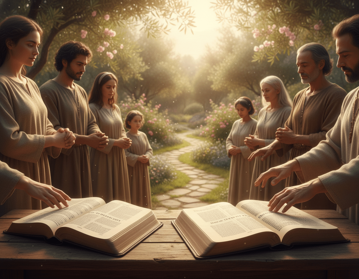 A serene and inviting scene depicting a symbolic representation of the Ten Commandments in a tranquil, natural setting. In the foreground, a pair of open Bibles rests on a wooden table, with soft, warm light illuminating the pages and highlighting the commandments inscribed. In the middle ground, gentle hands of a diverse group of individuals in modest attire reach toward the open Bibles, conveying unity and reverence. The background features a lush garden, symbolizing peace and spiritual growth, bathed in the soft glow of natural light. The overall atmosphere is calm and reflective, inviting contemplation and connection to faith. The image should capture a sense of warmth and harmony, perfectly illustrating the significance of the Ten Commandments. A serene and inviting scene depicting a symbolic representation of the Ten Commandments in a tranquil, natural setting. In the foreground, a pair of open Bibles rests on a wooden table, with soft, warm light illuminating the pages and highlighting the commandments inscribed. In the middle ground, gentle hands of a diverse group of individuals in modest attire reach toward the open Bibles, conveying unity and reverence. The background features a lush garden, symbolizing peace and spiritual growth, bathed in the soft glow of natural light. The overall atmosphere is calm and reflective, inviting contemplation and connection to faith. The image should capture a sense of warmth and harmony, perfectly illustrating the significance of the Ten Commandments.