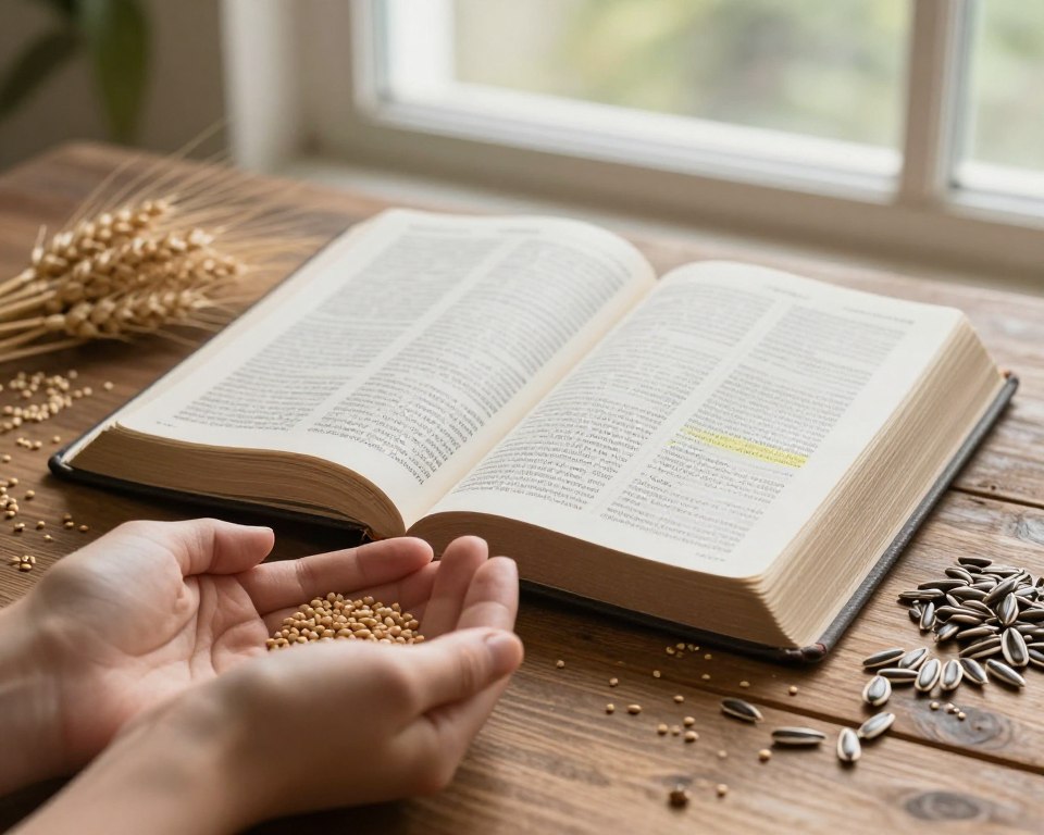 A serene and inviting scene of an open Bible resting on a rustic wooden table, surrounded by a scattering of various seeds—such as wheat, mustard, and sunflowers—symbolizing biblical teachings. In the foreground, a pair of hands gently holds a seed, emphasizing the theme of nurturing and understanding. The middle ground features the Bible pages slightly turning, revealing highlighted verses about seeds and growth. In the background, soft natural light filters in through a window adorned with greenery, creating a peaceful atmosphere filled with warm, calming tones. The overall mood reflects a sense of faith, connection, and contemplation, inviting the viewer to reflect on the lessons of seeds in the Bible. A serene and inviting scene of an open Bible resting on a rustic wooden table, surrounded by a scattering of various seeds—such as wheat, mustard, and sunflowers—symbolizing biblical teachings. In the foreground, a pair of hands gently holds a seed, emphasizing the theme of nurturing and understanding. The middle ground features the Bible pages slightly turning, revealing highlighted verses about seeds and growth. In the background, soft natural light filters in through a window adorned with greenery, creating a peaceful atmosphere filled with warm, calming tones. The overall mood reflects a sense of faith, connection, and contemplation, inviting the viewer to reflect on the lessons of seeds in the Bible.