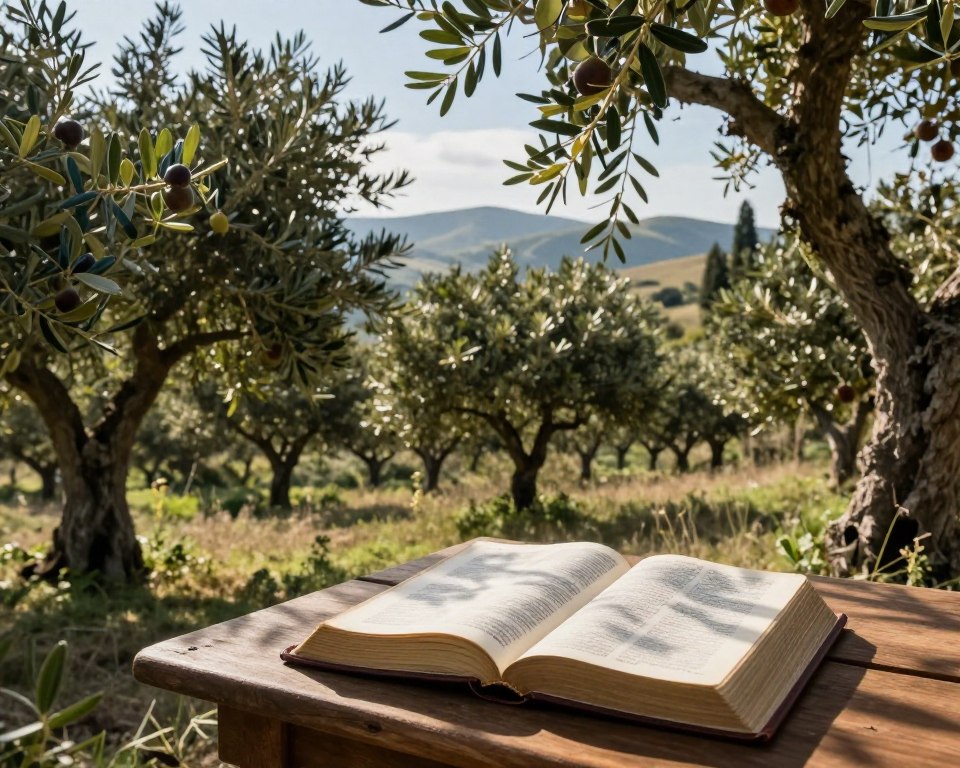 A serene and lush landscape featuring a variety of trees mentioned in the Bible, such as olive, fig, and cedar, each representing different symbolic meanings. In the foreground, a wooden table holds an open Bible, softly illuminated by natural light filtering through the leaves, creating gentle dapples on its pages. The middle ground showcases flourishing trees with intertwining branches, symbolizing connection and life, while the background features rolling hills under a calm, blue sky. The overall mood is peaceful and reflective, evoking a sense of faith and tranquility. The scene should be captured from a slightly elevated angle, emphasizing the harmony between nature and scripture. A serene and lush landscape featuring a variety of trees mentioned in the Bible, such as olive, fig, and cedar, each representing different symbolic meanings. In the foreground, a wooden table holds an open Bible, softly illuminated by natural light filtering through the leaves, creating gentle dapples on its pages. The middle ground showcases flourishing trees with intertwining branches, symbolizing connection and life, while the background features rolling hills under a calm, blue sky. The overall mood is peaceful and reflective, evoking a sense of faith and tranquility. The scene should be captured from a slightly elevated angle, emphasizing the harmony between nature and scripture.