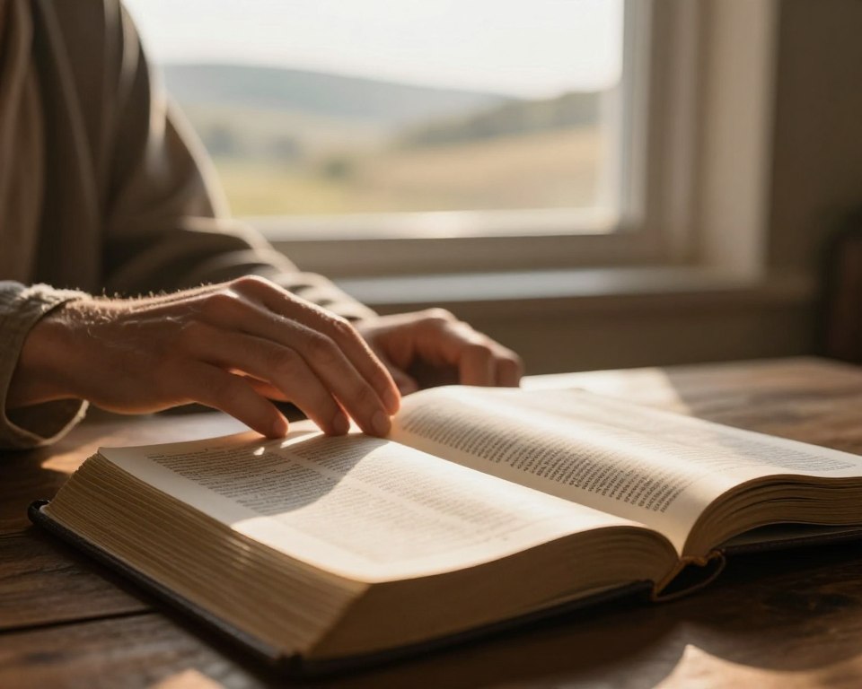 A serene and peaceful scene depicting the biblical symbolism of light. In the foreground, an open Bible rests on a wooden table, pages gently illuminated by soft, natural light filtering through a nearby window. Warm, golden rays create a gentle glow around the text, emphasizing themes of faith and hope. In the middle ground, a pair of hands, dressed in modest casual clothing, are seen reaching towards the pages, symbolizing the act of seeking wisdom. In the background, a soft-focus landscape of rolling hills bathed in morning light evokes a sense of tranquility and divine presence. The overall atmosphere is calm and reflective, with soft colors and gentle lighting enhancing the mood of spiritual enlightenment. A serene and peaceful scene depicting the biblical symbolism of light. In the foreground, an open Bible rests on a wooden table, pages gently illuminated by soft, natural light filtering through a nearby window. Warm, golden rays create a gentle glow around the text, emphasizing themes of faith and hope. In the middle ground, a pair of hands, dressed in modest casual clothing, are seen reaching towards the pages, symbolizing the act of seeking wisdom. In the background, a soft-focus landscape of rolling hills bathed in morning light evokes a sense of tranquility and divine presence. The overall atmosphere is calm and reflective, with soft colors and gentle lighting enhancing the mood of spiritual enlightenment.