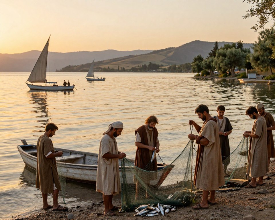 A serene biblical fishing scene set on the shores of the Sea of Galilee during ancient times. In the foreground, a group of fishermen, dressed in modest tunics, are skillfully mending nets and examining their catch of fish, showcasing traditional fishing tools like wooden boats and hand-woven nets. In the middle ground, the gently rippling waters reflect the golden hues of sunrise, while a few boats drift lazily, their sails catching the morning light. In the background, rolling hills and olive trees surround the lake, creating a peaceful pastoral atmosphere. The mood conveys a sense of community, harmony with nature, and deep-rooted faith. The image is illuminated with natural light, emphasizing warm tones and the gentle expressions of the fishermen, inviting a feeling of calm and reflection. A serene biblical fishing scene set on the shores of the Sea of Galilee during ancient times. In the foreground, a group of fishermen, dressed in modest tunics, are skillfully mending nets and examining their catch of fish, showcasing traditional fishing tools like wooden boats and hand-woven nets. In the middle ground, the gently rippling waters reflect the golden hues of sunrise, while a few boats drift lazily, their sails catching the morning light. In the background, rolling hills and olive trees surround the lake, creating a peaceful pastoral atmosphere. The mood conveys a sense of community, harmony with nature, and deep-rooted faith. The image is illuminated with natural light, emphasizing warm tones and the gentle expressions of the fishermen, inviting a feeling of calm and reflection.