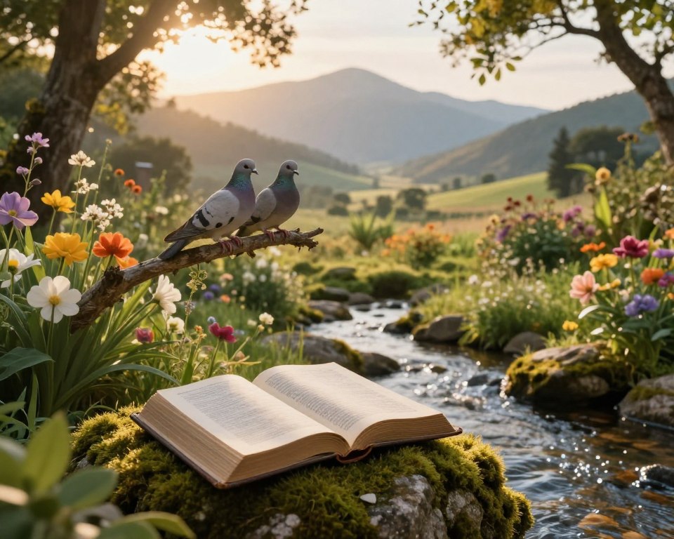 A serene biblical landscape at dawn, featuring a lush garden with vibrant flowers and a crystal-clear stream flowing gently. In the foreground, an open Bible rests on a rock, surrounded by soft green moss, illuminated by warm, golden sunlight filtering through the trees. In the middle ground, a pair of doves perch peacefully on a branch, symbolizing peace and hope. The background is a panoramic view of rolling hills and majestic mountains, bathed in gentle light, creating a sense of vastness and tranquility. The atmosphere is calm and inviting, embodying faith and connection to nature, evoking biblical imagery that encourages reflection and spiritual growth. Use natural light to enhance the peaceful mood and soft tones throughout the scene. A serene biblical landscape at dawn, featuring a lush garden with vibrant flowers and a crystal-clear stream flowing gently. In the foreground, an open Bible rests on a rock, surrounded by soft green moss, illuminated by warm, golden sunlight filtering through the trees. In the middle ground, a pair of doves perch peacefully on a branch, symbolizing peace and hope. The background is a panoramic view of rolling hills and majestic mountains, bathed in gentle light, creating a sense of vastness and tranquility. The atmosphere is calm and inviting, embodying faith and connection to nature, evoking biblical imagery that encourages reflection and spiritual growth. Use natural light to enhance the peaceful mood and soft tones throughout the scene.