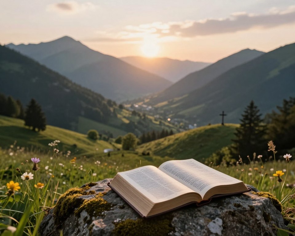 A serene biblical mountain landscape during golden hour, showcasing towering, rugged mountains under a soft, pastel sky. In the foreground, an open Bible rests on a moss-covered rock, symbolizing faith and reverence. Rich, green valleys flow down from the mountains, dotted with wildflowers, creating a peaceful and inviting atmosphere. Light filters through the trees, casting gentle shadows that evoke a sense of calm and reflection. In the middle ground, a distant silhouette of a small cross atop a hill adds depth and spiritual meaning. The overall mood is tranquil and reverent, capturing the essence of what mountains symbolize in the Bible—strength, faith, and divine connection. A serene biblical mountain landscape during golden hour, showcasing towering, rugged mountains under a soft, pastel sky. In the foreground, an open Bible rests on a moss-covered rock, symbolizing faith and reverence. Rich, green valleys flow down from the mountains, dotted with wildflowers, creating a peaceful and inviting atmosphere. Light filters through the trees, casting gentle shadows that evoke a sense of calm and reflection. In the middle ground, a distant silhouette of a small cross atop a hill adds depth and spiritual meaning. The overall mood is tranquil and reverent, capturing the essence of what mountains symbolize in the Bible—strength, faith, and divine connection.