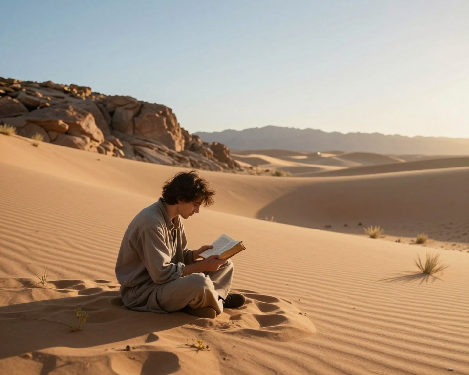 A serene desert landscape at dawn, with golden sand dunes gently illuminated by the soft, warm light of the rising sun. In the foreground, a person in modest casual clothing sits cross-legged on the sand, deeply engaged in reading a weathered Bible, symbolizing spiritual preparation. Surrounding them are subtle signs of life, like small desert plants peeking through the sand, representing resilience and faith. In the middle ground, a rocky outcrop rises, casting soft shadows that evoke a sense of quiet contemplation. In the background, distant mountains blur softly under a clear blue sky, adding depth to the scene. The overall mood is tranquil and introspective, encapsulating a deep sense of spiritual reflection and connection to nature. A serene desert landscape at dawn, with golden sand dunes gently illuminated by the soft, warm light of the rising sun. In the foreground, a person in modest casual clothing sits cross-legged on the sand, deeply engaged in reading a weathered Bible, symbolizing spiritual preparation. Surrounding them are subtle signs of life, like small desert plants peeking through the sand, representing resilience and faith. In the middle ground, a rocky outcrop rises, casting soft shadows that evoke a sense of quiet contemplation. In the background, distant mountains blur softly under a clear blue sky, adding depth to the scene. The overall mood is tranquil and introspective, encapsulating a deep sense of spiritual reflection and connection to nature.