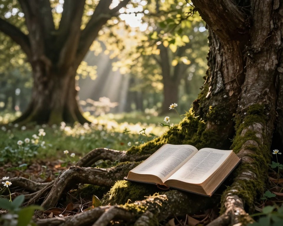 A serene forest scene focused on ancient trees, their gnarled roots revealed above the surface, intertwined with soft moss and delicate flowers. The foreground features a weathered open Bible resting against a tree trunk, symbolizing spiritual wisdom. In the middle ground, sunlight filters through the dense canopy, casting dappled light that creates a warm and inviting atmosphere, enhancing the sense of faith and tranquility. In the background, ethereal beams of light break through the foliage, illuminating the spiritual essence embedded in the trees. The overall mood is calm and peaceful, inviting contemplation and reflection on the profound symbolism of trees in spiritual contexts. Use natural light, ensuring a softly blurred depth of field to draw attention to the roots and Bible. A serene forest scene focused on ancient trees, their gnarled roots revealed above the surface, intertwined with soft moss and delicate flowers. The foreground features a weathered open Bible resting against a tree trunk, symbolizing spiritual wisdom. In the middle ground, sunlight filters through the dense canopy, casting dappled light that creates a warm and inviting atmosphere, enhancing the sense of faith and tranquility. In the background, ethereal beams of light break through the foliage, illuminating the spiritual essence embedded in the trees. The overall mood is calm and peaceful, inviting contemplation and reflection on the profound symbolism of trees in spiritual contexts. Use natural light, ensuring a softly blurred depth of field to draw attention to the roots and Bible.