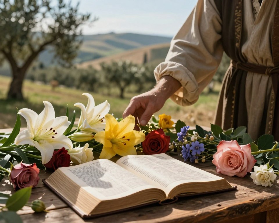 A serene, historical scene depicting the use of biblical plants, showcasing various flowers mentioned in the Bible like lilies, roses, and myrrh. In the foreground, an open Bible rests on a rustic wooden table, surrounded by freshly cut flowers, their vibrant colors evoking a sense of peace and faith. A gentle beam of natural light illuminates the pages, casting a soft glow on the text. In the middle, a figure, dressed in modest, professional clothing, gently touches the flowers, reflecting a moment of contemplation and reverence. In the background, an ancient landscape with soft rolling hills and olive trees under a calm blue sky, enhancing the tranquil atmosphere. The image embodies a mood of historical significance and spiritual connection.