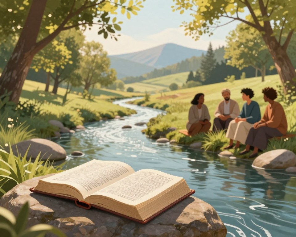 A serene illustration depicting the symbolism of rivers in the Bible, featuring a tranquil river flowing gently through a lush landscape. In the foreground, an open Bible rests on a smooth stone, its pages fluttering softly in the breeze. Nearby, a diverse group of three individuals in modest, professional attire, engaged in contemplative discussion, embodying unity and reflection. In the middle ground, vibrant trees arch gracefully over the river, their leaves glistening in warm, natural light. The background reveals rolling hills and distant mountains, hinting at the larger journey of faith. The mood is peaceful and uplifting, with soft, calm tones that evoke a sense of spiritual connection and harmony. The image captures the essence of key scriptural references to rivers, inviting viewers to reflect on their deeper meanings. A serene illustration depicting the symbolism of rivers in the Bible, featuring a tranquil river flowing gently through a lush landscape. In the foreground, an open Bible rests on a smooth stone, its pages fluttering softly in the breeze. Nearby, a diverse group of three individuals in modest, professional attire, engaged in contemplative discussion, embodying unity and reflection. In the middle ground, vibrant trees arch gracefully over the river, their leaves glistening in warm, natural light. The background reveals rolling hills and distant mountains, hinting at the larger journey of faith. The mood is peaceful and uplifting, with soft, calm tones that evoke a sense of spiritual connection and harmony. The image captures the essence of key scriptural references to rivers, inviting viewers to reflect on their deeper meanings.