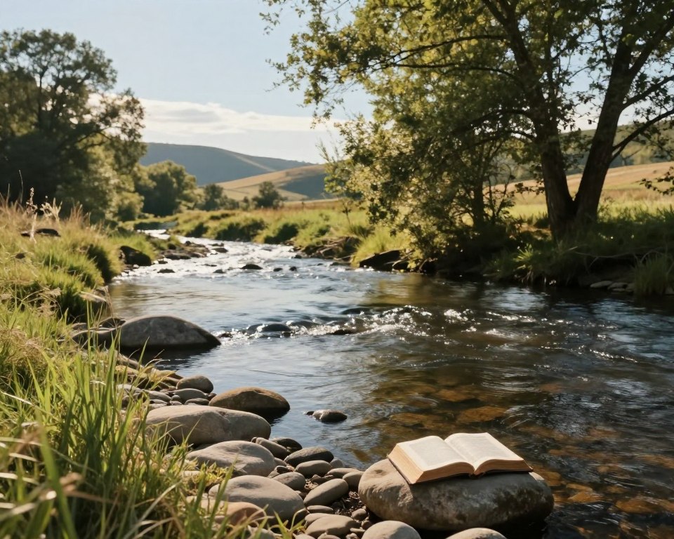 A serene landscape depicting a flowing river with gentle currents, symbolizing biblical significance. In the foreground, smooth stones line the riverbank, and soft green grass gently sways in the light breeze. Midground features lush trees with dappled sunlight filtering through their leaves, casting soft shadows on the water's surface, which reflects a clear blue sky. In the background, rolling hills meet the horizon, adding depth and tranquility to the scene. A couple of open Bibles rest on a nearby stone, symbolizing faith and knowledge. The atmosphere is calm and peaceful, with warm, natural lighting enhancing the mood of serenity and contemplation. Use a wide-angle perspective to capture the expansive landscape, emphasizing harmony between nature and spirituality. A serene landscape depicting a flowing river with gentle currents, symbolizing biblical significance. In the foreground, smooth stones line the riverbank, and soft green grass gently sways in the light breeze. Midground features lush trees with dappled sunlight filtering through their leaves, casting soft shadows on the water's surface, which reflects a clear blue sky. In the background, rolling hills meet the horizon, adding depth and tranquility to the scene. A couple of open Bibles rest on a nearby stone, symbolizing faith and knowledge. The atmosphere is calm and peaceful, with warm, natural lighting enhancing the mood of serenity and contemplation. Use a wide-angle perspective to capture the expansive landscape, emphasizing harmony between nature and spirituality.