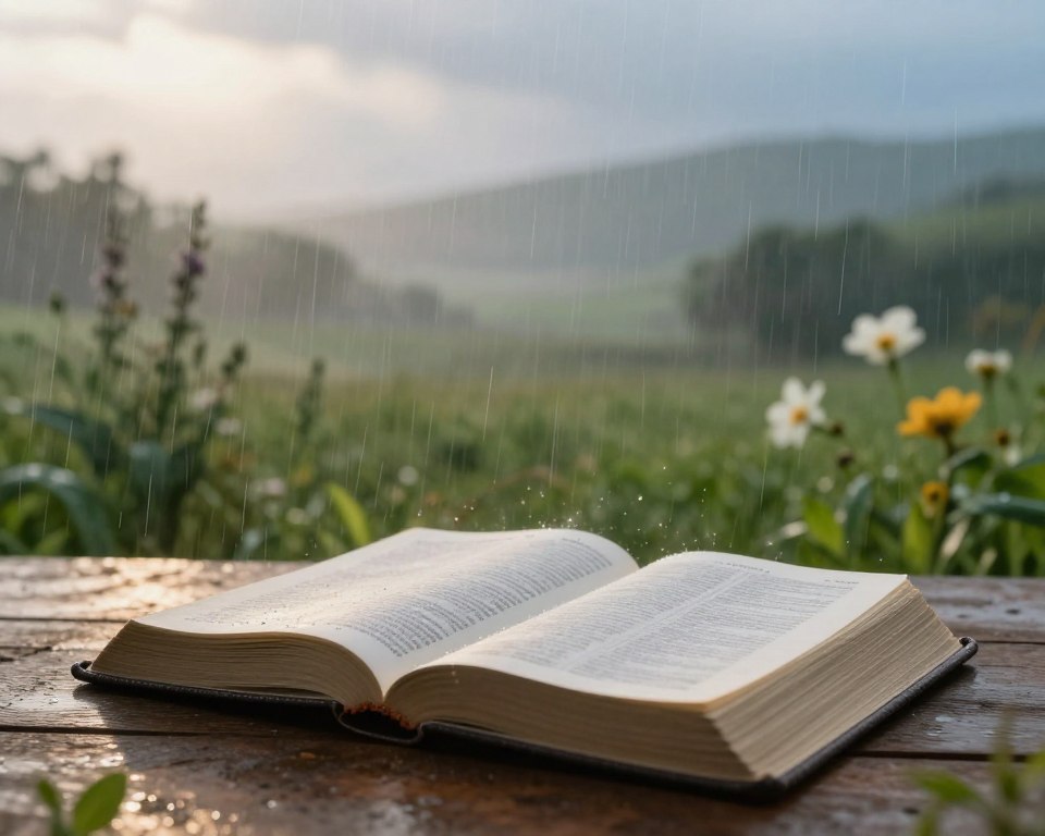 A serene landscape depicting a gentle rain falling over an open Bible resting on a wooden table. In the foreground, the Bible's pages are fluttering softly with the breeze, droplets of rain glistening on the text, symbolizing divine knowledge and revelations. In the middle ground, lush greenery thrives, and flowers bloom under the refreshing rain, embodying growth and renewal. The background features rolling hills shrouded in mist, suggesting tranquility and peace. The atmosphere is calm and reflective, illuminated by soft natural light filtering through the clouds, enhancing the mood of faith and contemplation. A warm tonal palette of greens, blues, and earthy browns invites a sense of comfort and hope. A serene landscape depicting a gentle rain falling over an open Bible resting on a wooden table. In the foreground, the Bible's pages are fluttering softly with the breeze, droplets of rain glistening on the text, symbolizing divine knowledge and revelations. In the middle ground, lush greenery thrives, and flowers bloom under the refreshing rain, embodying growth and renewal. The background features rolling hills shrouded in mist, suggesting tranquility and peace. The atmosphere is calm and reflective, illuminated by soft natural light filtering through the clouds, enhancing the mood of faith and contemplation. A warm tonal palette of greens, blues, and earthy browns invites a sense of comfort and hope.