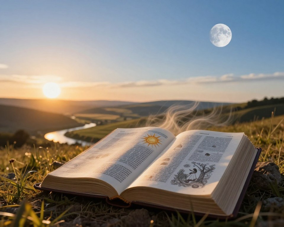 A serene landscape with a focus on a large, open Bible placed prominently in the foreground, its pages gently fluttering in a soft breeze. Emanating from the pages are ethereal illustrations depicting the creation story from Genesis, showcasing a radiant sun and a luminous moon, intertwined among symbolic elements like Adam, Eve, and the Garden of Eden. In the middle ground, a scenic vista unfolds with rolling hills and gentle streams, bathed in warm golden light, emphasizing tranquility and faith. The background features a clear blue sky transitioning from day to night, where the sun sets softly on one side, and the moon rises gracefully on the other, symbolizing divine order. The atmosphere is peaceful, evoking a sense of spiritual contemplation and harmony. A serene landscape with a focus on a large, open Bible placed prominently in the foreground, its pages gently fluttering in a soft breeze. Emanating from the pages are ethereal illustrations depicting the creation story from Genesis, showcasing a radiant sun and a luminous moon, intertwined among symbolic elements like Adam, Eve, and the Garden of Eden. In the middle ground, a scenic vista unfolds with rolling hills and gentle streams, bathed in warm golden light, emphasizing tranquility and faith. The background features a clear blue sky transitioning from day to night, where the sun sets softly on one side, and the moon rises gracefully on the other, symbolizing divine order. The atmosphere is peaceful, evoking a sense of spiritual contemplation and harmony.
