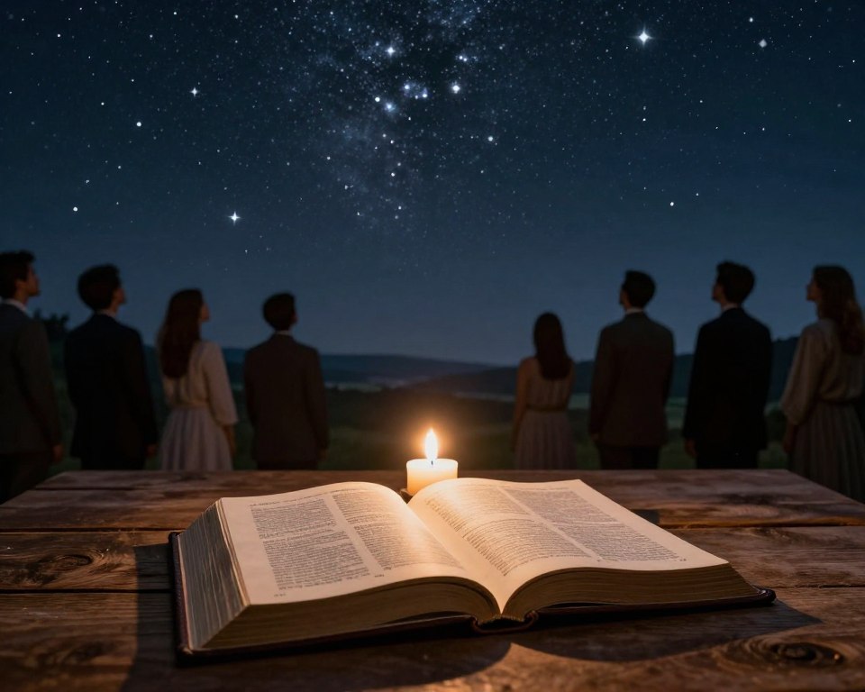 A serene night sky filled with countless stars, each representing different biblical meanings, such as guidance, promise, and hope. In the foreground, an open Bible rests on a rustic wooden table, softly illuminated by warm candlelight, casting gentle shadows. The middle ground features silhouettes of people in modest, professional attire, looking up in wonder at the starry sky. The background showcases a tranquil landscape under a blanket of stars, with subtle hints of celestial imagery, such as the Star of David and the Northern Star. The mood is peaceful and reflective, inviting a sense of faith and awe, with natural light enhancing the warm tones of the scene. The perspective is at eye level, inviting viewers to share in the moment of contemplation. A serene night sky filled with countless stars, each representing different biblical meanings, such as guidance, promise, and hope. In the foreground, an open Bible rests on a rustic wooden table, softly illuminated by warm candlelight, casting gentle shadows. The middle ground features silhouettes of people in modest, professional attire, looking up in wonder at the starry sky. The background showcases a tranquil landscape under a blanket of stars, with subtle hints of celestial imagery, such as the Star of David and the Northern Star. The mood is peaceful and reflective, inviting a sense of faith and awe, with natural light enhancing the warm tones of the scene. The perspective is at eye level, inviting viewers to share in the moment of contemplation.