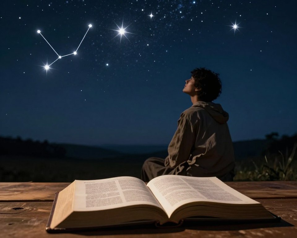 A serene night sky filled with radiant stars representing the biblical origins of celestial bodies. In the foreground, an open Bible rests on a wooden table, its pages softly illuminated by natural light to evoke warmth and faith. In the middle ground, a silhouette of a thoughtful person dressed in modest casual clothing gazes upwards, their expression reflecting a sense of wonder and peace. The background features a vast expanse of dark blue night with twinkling stars, some forming constellations mentioned in scripture. The atmosphere is calm and reflective, capturing the essence of spirituality as the stars symbolize divine creation. Use soft lighting to create a tranquil mood, showcasing the harmony between the earth and the heavens. A serene night sky filled with radiant stars representing the biblical origins of celestial bodies. In the foreground, an open Bible rests on a wooden table, its pages softly illuminated by natural light to evoke warmth and faith. In the middle ground, a silhouette of a thoughtful person dressed in modest casual clothing gazes upwards, their expression reflecting a sense of wonder and peace. The background features a vast expanse of dark blue night with twinkling stars, some forming constellations mentioned in scripture. The atmosphere is calm and reflective, capturing the essence of spirituality as the stars symbolize divine creation. Use soft lighting to create a tranquil mood, showcasing the harmony between the earth and the heavens.