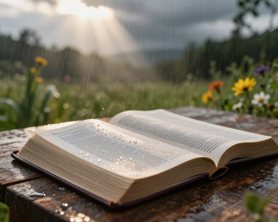 A serene outdoor scene depicting a soft, gentle rain falling on an open Bible resting on a rustic wooden table. In the foreground, droplets of water accumulate on the pages, glistening in natural light, symbolizing hope and renewal. The middle ground features lush greenery and flowers, vibrant yet calming, representing faith and growth. In the background, storm clouds are dissipating, allowing beams of sunlight to peek through, illuminating the Bible and creating a warm, inviting atmosphere. The angle is slightly elevated, capturing the intimacy of the moment while emphasizing the beauty of the rain as a biblical symbol. The overall mood is peaceful and reflective, inviting contemplation and connection to spiritual themes. A serene outdoor scene depicting a soft, gentle rain falling on an open Bible resting on a rustic wooden table. In the foreground, droplets of water accumulate on the pages, glistening in natural light, symbolizing hope and renewal. The middle ground features lush greenery and flowers, vibrant yet calming, representing faith and growth. In the background, storm clouds are dissipating, allowing beams of sunlight to peek through, illuminating the Bible and creating a warm, inviting atmosphere. The angle is slightly elevated, capturing the intimacy of the moment while emphasizing the beauty of the rain as a biblical symbol. The overall mood is peaceful and reflective, inviting contemplation and connection to spiritual themes.