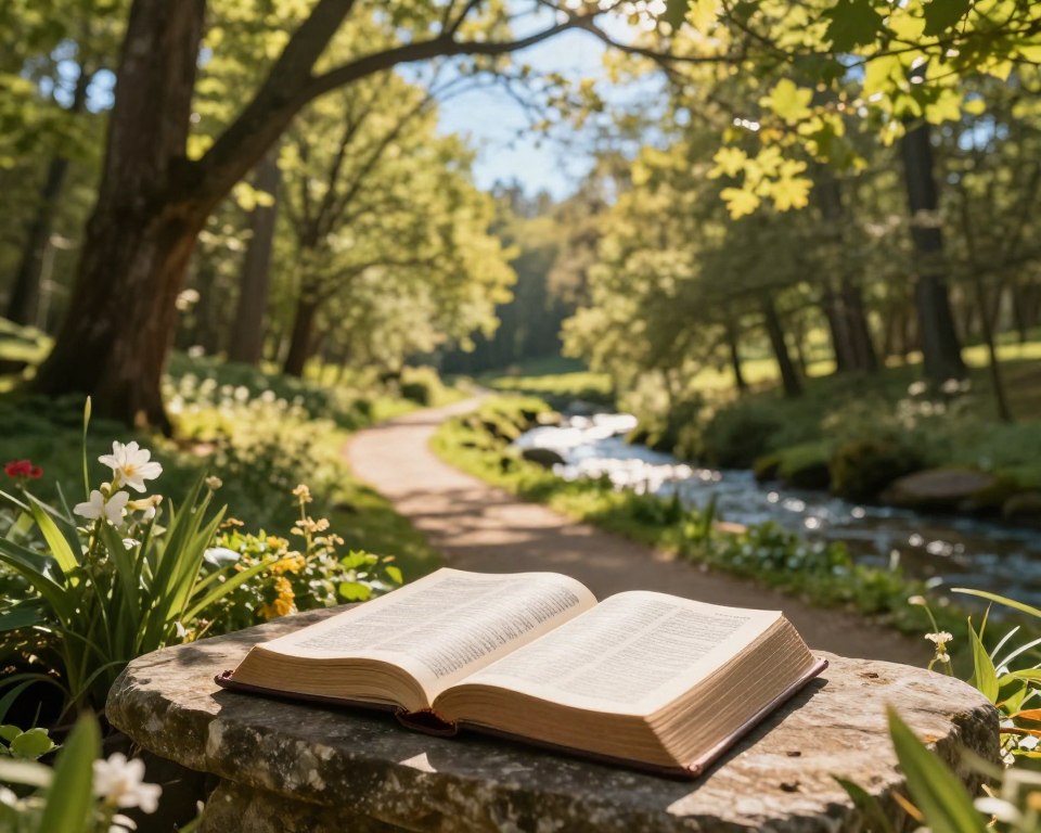 A serene outdoor scene that embodies the biblical foundations of nature metaphors. In the foreground, an open Bible rests gently on a stone altar surrounded by lush greenery and flowerbeds, symbolizing the connection between scripture and nature. The middle ground features a sun-dappled path leading through a tranquil forest, with trees representing wisdom and strength, their branches reaching towards a clear blue sky. In the background, a gentle stream flows, symbolizing life and renewal, while soft sunlight filters through the leaves, casting warm, calming tones throughout the scene. The atmosphere is peaceful and enlightening, evoking a sense of faith and harmony with nature. A serene outdoor scene that embodies the biblical foundations of nature metaphors. In the foreground, an open Bible rests gently on a stone altar surrounded by lush greenery and flowerbeds, symbolizing the connection between scripture and nature. The middle ground features a sun-dappled path leading through a tranquil forest, with trees representing wisdom and strength, their branches reaching towards a clear blue sky. In the background, a gentle stream flows, symbolizing life and renewal, while soft sunlight filters through the leaves, casting warm, calming tones throughout the scene. The atmosphere is peaceful and enlightening, evoking a sense of faith and harmony with nature.