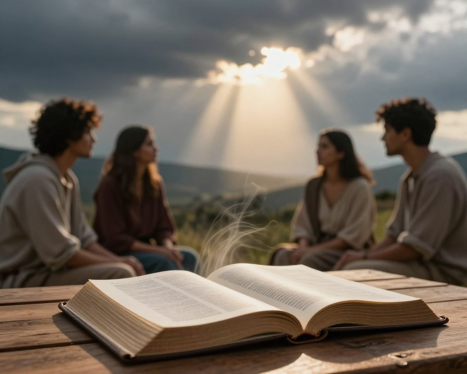 A serene, reflective scene depicting life lessons from biblical storms. In the foreground, an open Bible rests on a wooden table, its pages gently fluttering as if touched by a soft breeze. The middle ground features a diverse group of three individuals—two men and one woman, dressed in modest casual clothing—gazing thoughtfully at the Bible, symbolizing unity and contemplation. In the background, a dramatic sky looms, showcasing dark storm clouds giving way to beams of golden sunlight breaking through, signifying hope and enlightenment. The atmosphere is calm yet profound, with natural light illuminating the scene, casting soft shadows. The image should evoke a sense of peace, faith, and the transformative power of learning from life's storms. A serene, reflective scene depicting life lessons from biblical storms. In the foreground, an open Bible rests on a wooden table, its pages gently fluttering as if touched by a soft breeze. The middle ground features a diverse group of three individuals—two men and one woman, dressed in modest casual clothing—gazing thoughtfully at the Bible, symbolizing unity and contemplation. In the background, a dramatic sky looms, showcasing dark storm clouds giving way to beams of golden sunlight breaking through, signifying hope and enlightenment. The atmosphere is calm yet profound, with natural light illuminating the scene, casting soft shadows. The image should evoke a sense of peace, faith, and the transformative power of learning from life's storms.