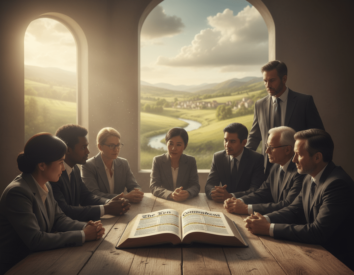 A serene setting depicting an open Bible with the Ten Commandments visibly highlighted on its pages, placed on a rustic wooden table. In the foreground, a diverse group of people in professional business attire, representing different ages and ethnicities, are gathered with thoughtful expressions, engaging in a discussion about the significance of the Commandments. Soft, natural light streams through a window, creating a warm and inviting atmosphere. In the background, a peaceful landscape can be seen, symbolizing harmony and faith. The overall mood is reflective and uplifting, emphasizing a sense of community and devotion, with calm tones dominating the scene. A serene setting depicting an open Bible with the Ten Commandments visibly highlighted on its pages, placed on a rustic wooden table. In the foreground, a diverse group of people in professional business attire, representing different ages and ethnicities, are gathered with thoughtful expressions, engaging in a discussion about the significance of the Commandments. Soft, natural light streams through a window, creating a warm and inviting atmosphere. In the background, a peaceful landscape can be seen, symbolizing harmony and faith. The overall mood is reflective and uplifting, emphasizing a sense of community and devotion, with calm tones dominating the scene.