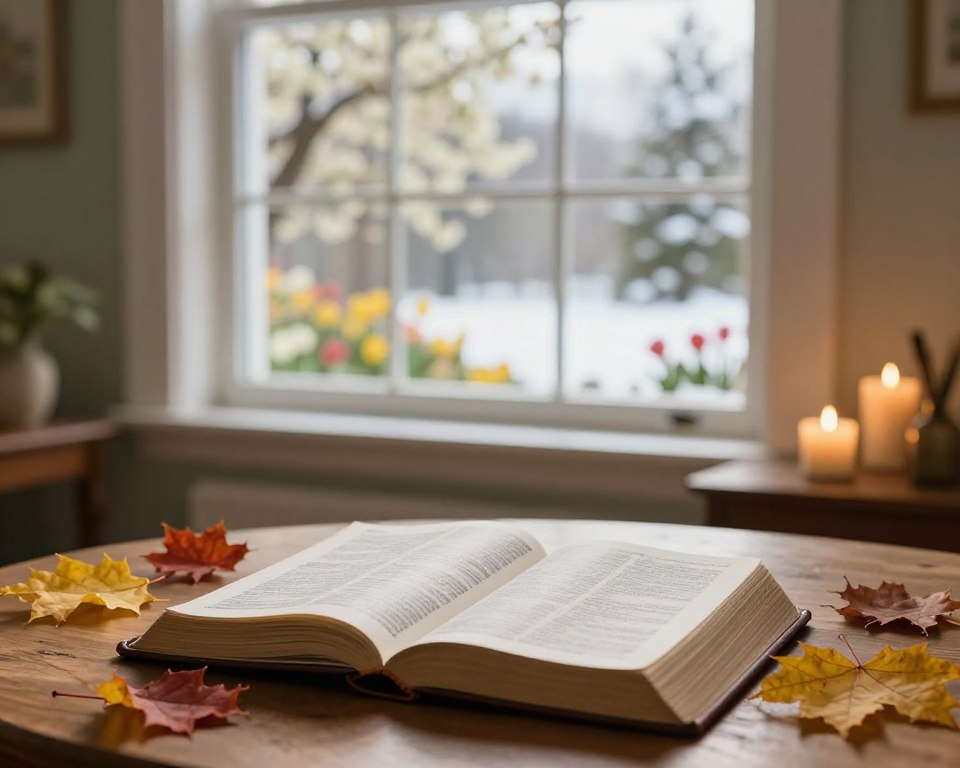 A serene study scene depicting the changing seasons as mentioned in the Bible. In the foreground, an open Bible rests on a wooden table, with colorful leaves symbolizing autumn scattered around it. In the middle ground, a large window reveals a bright spring landscape, lush with blooming flowers and a gentle summer breeze. In the background, a soft-focus view of a snowy winter scene conveys tranquility. Warm, natural light pours through the window, creating a peaceful atmosphere. The room features simple, elegant furnishings, and a couple of softly glowing candles add a touch of warmth. The overall mood is reflective and serene, inviting contemplation of scriptural lessons tied to each season. A serene study scene depicting the changing seasons as mentioned in the Bible. In the foreground, an open Bible rests on a wooden table, with colorful leaves symbolizing autumn scattered around it. In the middle ground, a large window reveals a bright spring landscape, lush with blooming flowers and a gentle summer breeze. In the background, a soft-focus view of a snowy winter scene conveys tranquility. Warm, natural light pours through the window, creating a peaceful atmosphere. The room features simple, elegant furnishings, and a couple of softly glowing candles add a touch of warmth. The overall mood is reflective and serene, inviting contemplation of scriptural lessons tied to each season.