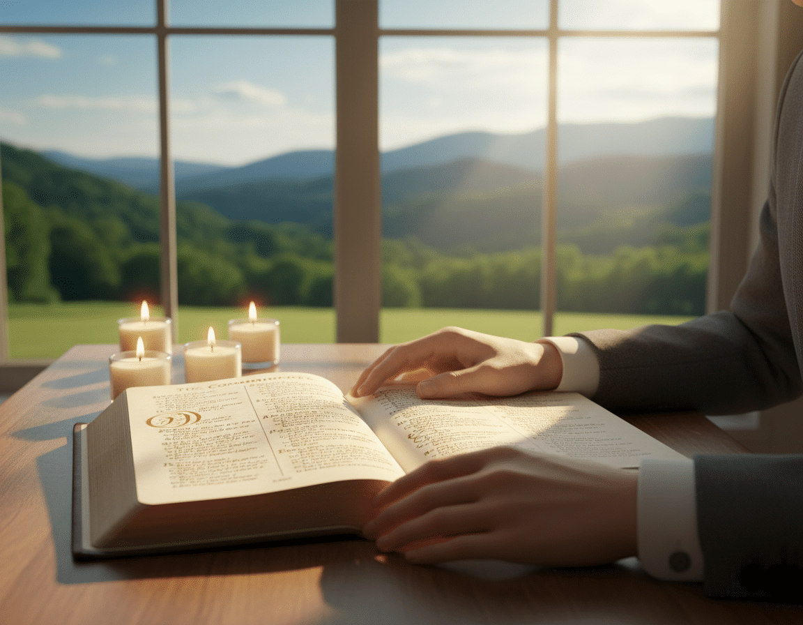 An open Bible rests on a wooden table, its pages filled with soft, warm natural light, creating an inviting atmosphere. In the foreground, a pair of hands, dressed in modest business attire, gently touch the page, guiding the viewer’s eye to the list of the Ten Commandments. In the middle ground, the commandments are arranged in a clear, orderly pattern, perhaps encircled by soft candlelight that symbolizes understanding and reflection. In the background, a serene landscape can be seen through a window, symbolizing faith and tranquility, with gentle greens and blues blending harmoniously. The overall mood is peaceful and contemplative, inviting a sense of calm and reverence for the teachings being memorized. An open Bible rests on a wooden table, its pages filled with soft, warm natural light, creating an inviting atmosphere. In the foreground, a pair of hands, dressed in modest business attire, gently touch the page, guiding the viewer’s eye to the list of the Ten Commandments. In the middle ground, the commandments are arranged in a clear, orderly pattern, perhaps encircled by soft candlelight that symbolizes understanding and reflection. In the background, a serene landscape can be seen through a window, symbolizing faith and tranquility, with gentle greens and blues blending harmoniously. The overall mood is peaceful and contemplative, inviting a sense of calm and reverence for the teachings being memorized.