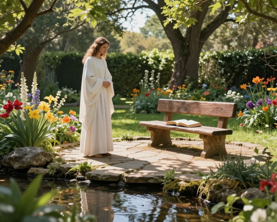 In a serene garden bathed in soft, natural light, a divine encounter unfolds where a radiant figure, dressed in modest, flowing white robes, stands amid vibrant flowers and lush greenery. The foreground features a gentle stream, mirroring the calm atmosphere, while dappled sunlight filters through the leaves, creating a mosaic of light and shadow. In the middle ground, a carefully arranged circle of ancient stone paths leads to an open Bible resting on a rustic wooden bench, symbolizing wisdom and reflection. In the background, towering trees stretch toward the sky, framing the scene with a sense of tranquility and divine presence. The overall mood is peaceful and reverent, evoking a sense of faith and connection to nature. In a serene garden bathed in soft, natural light, a divine encounter unfolds where a radiant figure, dressed in modest, flowing white robes, stands amid vibrant flowers and lush greenery. The foreground features a gentle stream, mirroring the calm atmosphere, while dappled sunlight filters through the leaves, creating a mosaic of light and shadow. In the middle ground, a carefully arranged circle of ancient stone paths leads to an open Bible resting on a rustic wooden bench, symbolizing wisdom and reflection. In the background, towering trees stretch toward the sky, framing the scene with a sense of tranquility and divine presence. The overall mood is peaceful and reverent, evoking a sense of faith and connection to nature.