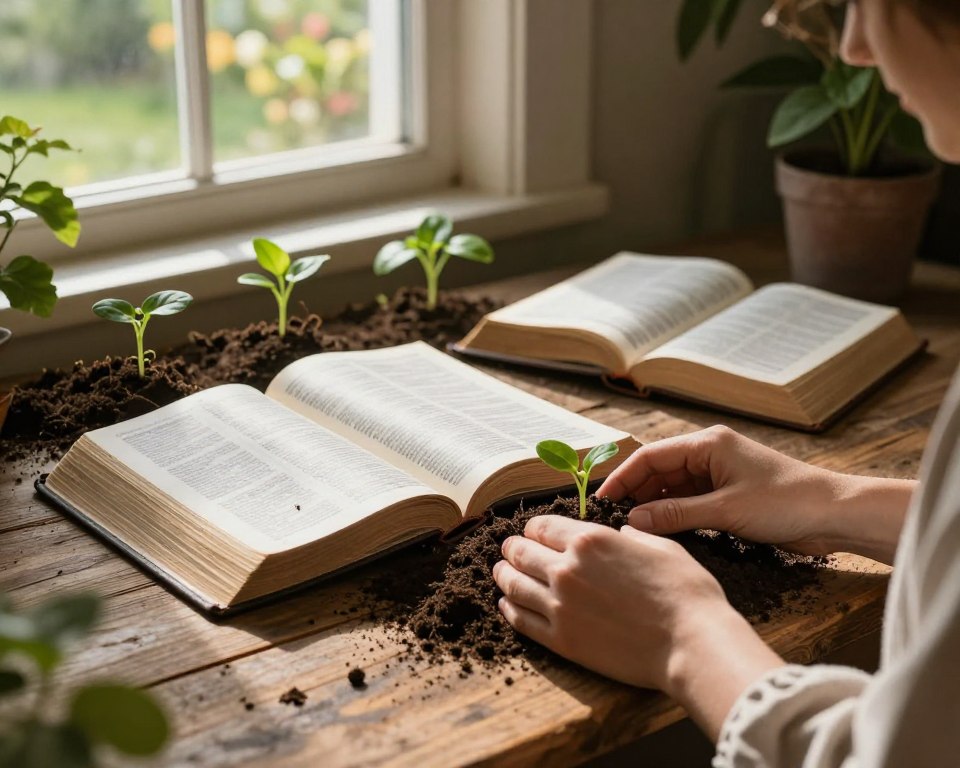 In a serene, softly lit setting, a rustic wooden table holds several open Bibles, their pages gently fanned out. Sunlight filters through a nearby window, casting a warm glow over the scene. Surrounding the Bibles are small, vibrant seedlings sprouting from rich, dark soil, symbolizing growth and potential. In the foreground, a pair of hands, clad in modest attire, gently tend to the plants, emphasizing a connection between faith and cultivation. The background features a lush garden with flourishing plants, symbolizing abundance and Biblical teachings. The overall mood is calm and peaceful, inviting reflection and contemplation on the lessons from seeds in the Bible. In a serene, softly lit setting, a rustic wooden table holds several open Bibles, their pages gently fanned out. Sunlight filters through a nearby window, casting a warm glow over the scene. Surrounding the Bibles are small, vibrant seedlings sprouting from rich, dark soil, symbolizing growth and potential. In the foreground, a pair of hands, clad in modest attire, gently tend to the plants, emphasizing a connection between faith and cultivation. The background features a lush garden with flourishing plants, symbolizing abundance and Biblical teachings. The overall mood is calm and peaceful, inviting reflection and contemplation on the lessons from seeds in the Bible.