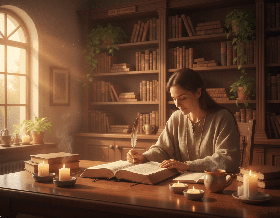A serene indoor scene depicting a well-lit study or workspace. In the foreground, an open Bible rests on a wooden table, surrounded by gently flickering candles and a warm cup of tea. In the middle ground, a person in modest, professional attire thoughtfully examines the scripture, with a soft, contemplative expression. The background showcases shelves lined with books and plants, contributing to a peaceful, inviting atmosphere. Natural light streams through a window, illuminating the space with soft, warm tones. The mood is one of reflection and reverence, capturing the essence of faith and the divine purpose of work as a blessing. A serene indoor scene depicting a well-lit study or workspace. In the foreground, an open Bible rests on a wooden table, surrounded by gently flickering candles and a warm cup of tea. In the middle ground, a person in modest, professional attire thoughtfully examines the scripture, with a soft, contemplative expression. The background showcases shelves lined with books and plants, contributing to a peaceful, inviting atmosphere. Natural light streams through a window, illuminating the space with soft, warm tones. The mood is one of reflection and reverence, capturing the essence of faith and the divine purpose of work as a blessing.