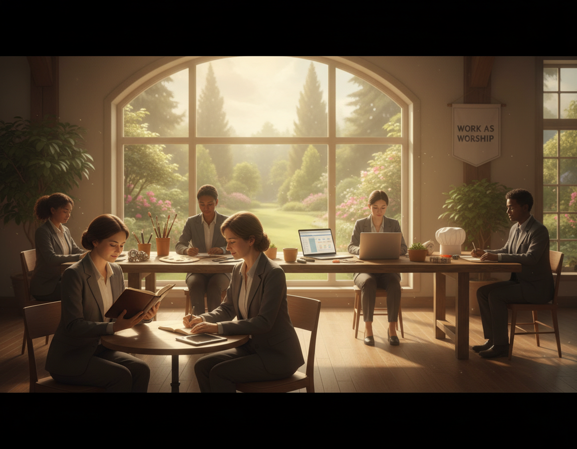 A serene indoor scene depicting individuals engaged in work as a form of worship. In the foreground, a diverse group of individuals in professional business attire, with one person reading from an open Bible. The middle layer features a rustic wooden table adorned with tools representing various professions (e.g., a painter's palette, a laptop, gardening tools). In the background, soft natural light filters through a large window, illuminating the space with warm tones. Greenery is visible outside, symbolizing growth and inspiration. The atmosphere is calm and peaceful, inviting reflection and connection between faith and work, emphasizing the biblical foundation of work as worship. A serene indoor scene depicting individuals engaged in work as a form of worship. In the foreground, a diverse group of individuals in professional business attire, with one person reading from an open Bible. The middle layer features a rustic wooden table adorned with tools representing various professions (e.g., a painter's palette, a laptop, gardening tools). In the background, soft natural light filters through a large window, illuminating the space with warm tones. Greenery is visible outside, symbolizing growth and inspiration. The atmosphere is calm and peaceful, inviting reflection and connection between faith and work, emphasizing the biblical foundation of work as worship.
