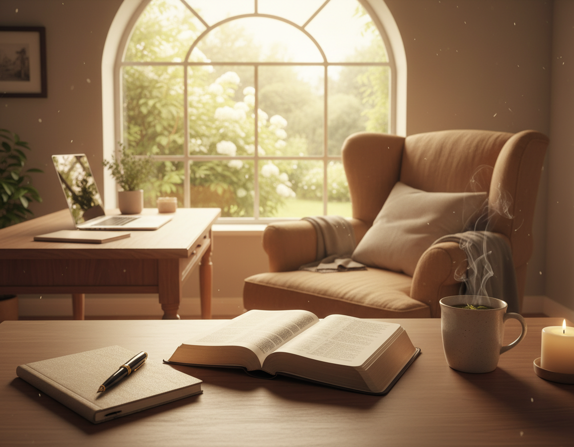 A serene indoor workspace illustrating the balance between work and rest. In the foreground, an open Bible lies on a polished wooden desk, surrounded by a notebook and a steaming cup of herbal tea, symbolizing contemplation and peace. The middle ground features a well-organized workspace with a laptop and a cozy chair, inviting relaxation. In the background, a large window allows natural light to pour in, illuminating a lush green garden outside, representing growth and tranquility. Soft, warm tones dominate the scene, evoking a sense of calm and purpose. Ideal for a peaceful atmosphere, the composition conveys the harmony of work and rest, without any human subjects, ensuring clarity and focus on the theme. A serene indoor workspace illustrating the balance between work and rest. In the foreground, an open Bible lies on a polished wooden desk, surrounded by a notebook and a steaming cup of herbal tea, symbolizing contemplation and peace. The middle ground features a well-organized workspace with a laptop and a cozy chair, inviting relaxation. In the background, a large window allows natural light to pour in, illuminating a lush green garden outside, representing growth and tranquility. Soft, warm tones dominate the scene, evoking a sense of calm and purpose. Ideal for a peaceful atmosphere, the composition conveys the harmony of work and rest, without any human subjects, ensuring clarity and focus on the theme.