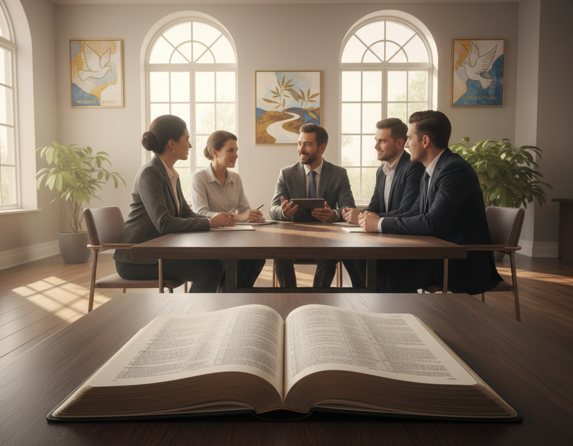 A serene office environment featuring a diverse group of professionals engaged in collaborative work around a large wooden table. In the foreground, an open Bible rests prominently on the table, symbolizing biblical principles. The middle ground displays individuals in professional business attire, demonstrating integrity and ethics, while discussing ideas with warm smiles and attentive body language. Soft, natural light filters through large windows, casting gentle shadows and creating a calm atmosphere. In the background, motivational artwork inspired by biblical themes hangs on bright walls, further enhancing the scene’s message of faith and professionalism. The overall mood is peaceful, uplifting, and inspiring, embodying the concept of biblical integrity in the workplace. A serene office environment featuring a diverse group of professionals engaged in collaborative work around a large wooden table. In the foreground, an open Bible rests prominently on the table, symbolizing biblical principles. The middle ground displays individuals in professional business attire, demonstrating integrity and ethics, while discussing ideas with warm smiles and attentive body language. Soft, natural light filters through large windows, casting gentle shadows and creating a calm atmosphere. In the background, motivational artwork inspired by biblical themes hangs on bright walls, further enhancing the scene’s message of faith and professionalism. The overall mood is peaceful, uplifting, and inspiring, embodying the concept of biblical integrity in the workplace.