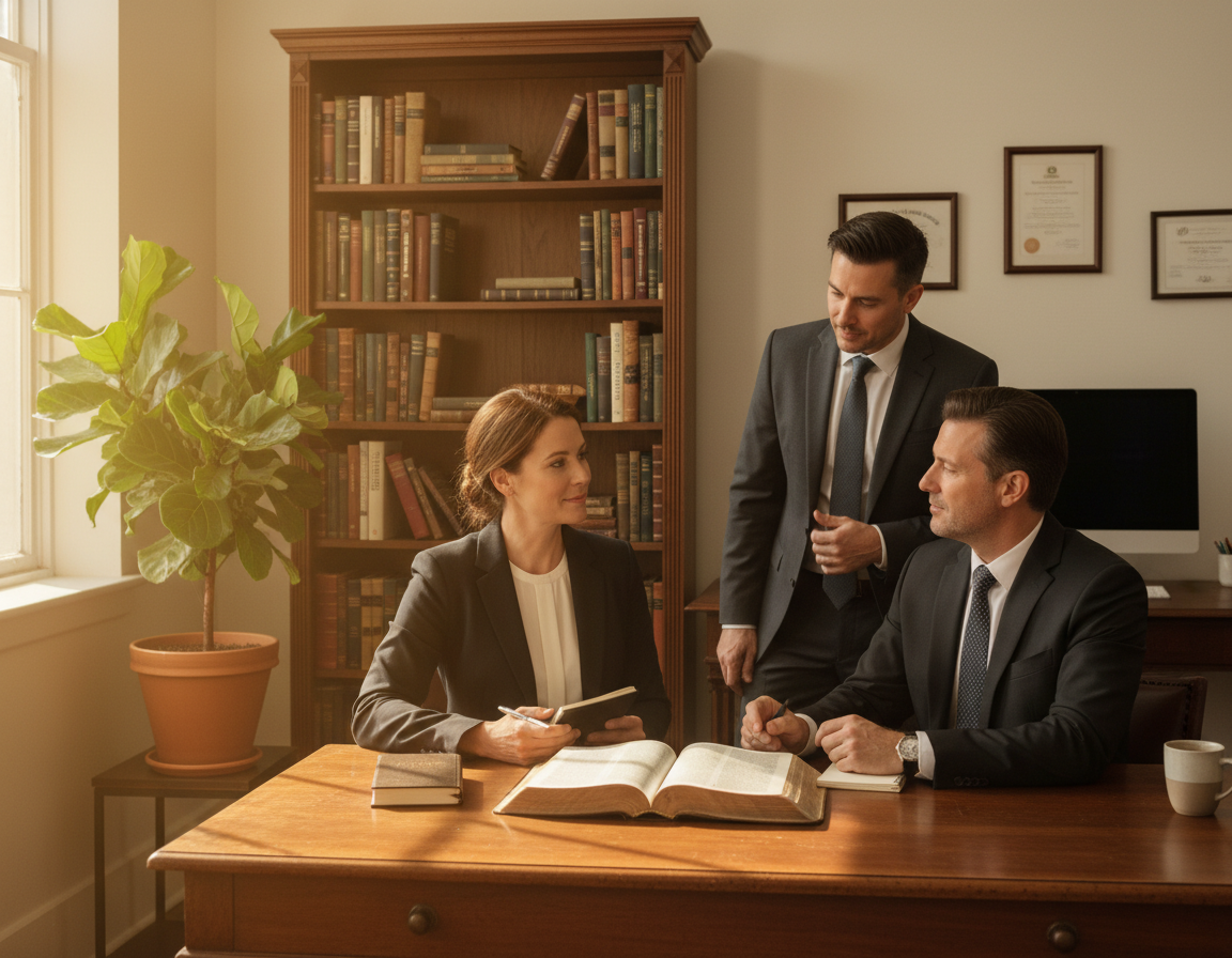 A serene office setting featuring an open Bible on a wooden desk, surrounded by a soft, warm glow from natural light streaming through a window. In the foreground, a diverse group of three professionals—two men and one woman—are engaged in a thoughtful discussion, dressed in smart business attire. Their expressions convey a sense of sincerity and contemplation as they share insights inspired by biblical teachings on honesty. In the middle ground, a bookshelf filled with books on ethics and integrity adds depth, while a plant in the corner introduces a touch of nature. The background reveals a well-organized workspace, emphasizing a peaceful and harmonious atmosphere that reflects faith and commitment to honesty in the workplace. The overall mood is calm and uplifting, inviting reflection on the importance of honesty. A serene office setting featuring an open Bible on a wooden desk, surrounded by a soft, warm glow from natural light streaming through a window. In the foreground, a diverse group of three professionals—two men and one woman—are engaged in a thoughtful discussion, dressed in smart business attire. Their expressions convey a sense of sincerity and contemplation as they share insights inspired by biblical teachings on honesty. In the middle ground, a bookshelf filled with books on ethics and integrity adds depth, while a plant in the corner introduces a touch of nature. The background reveals a well-organized workspace, emphasizing a peaceful and harmonious atmosphere that reflects faith and commitment to honesty in the workplace. The overall mood is calm and uplifting, inviting reflection on the importance of honesty.